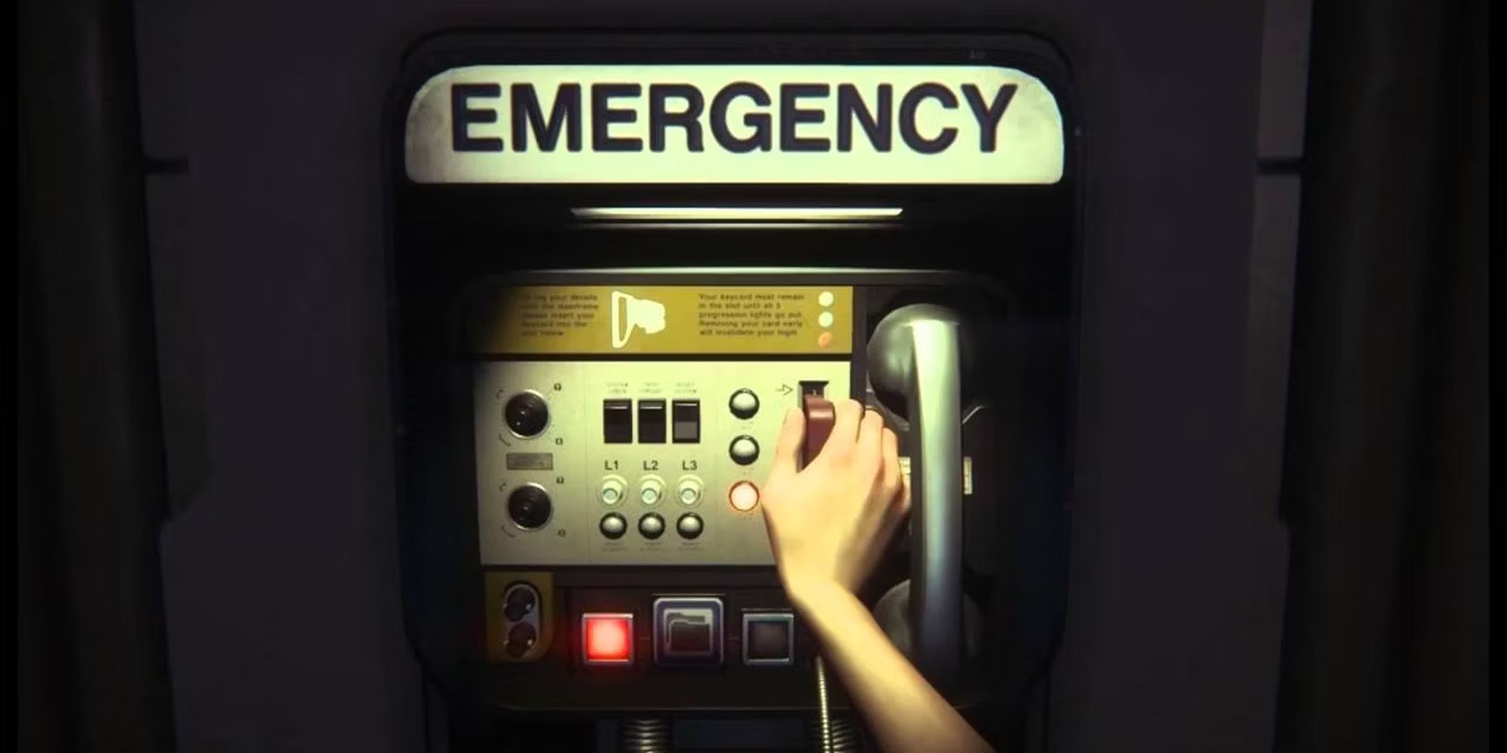 A player using the emergency phone that's hung up on the wall to save in Alien: Isolation.