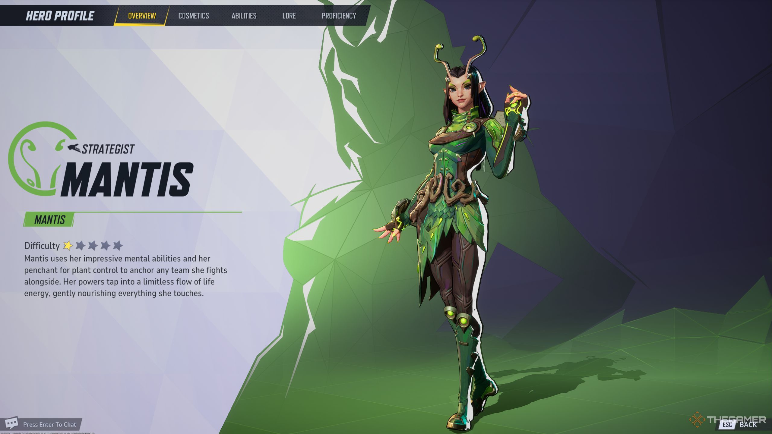 Marvel Rivals Mantis character description screen.