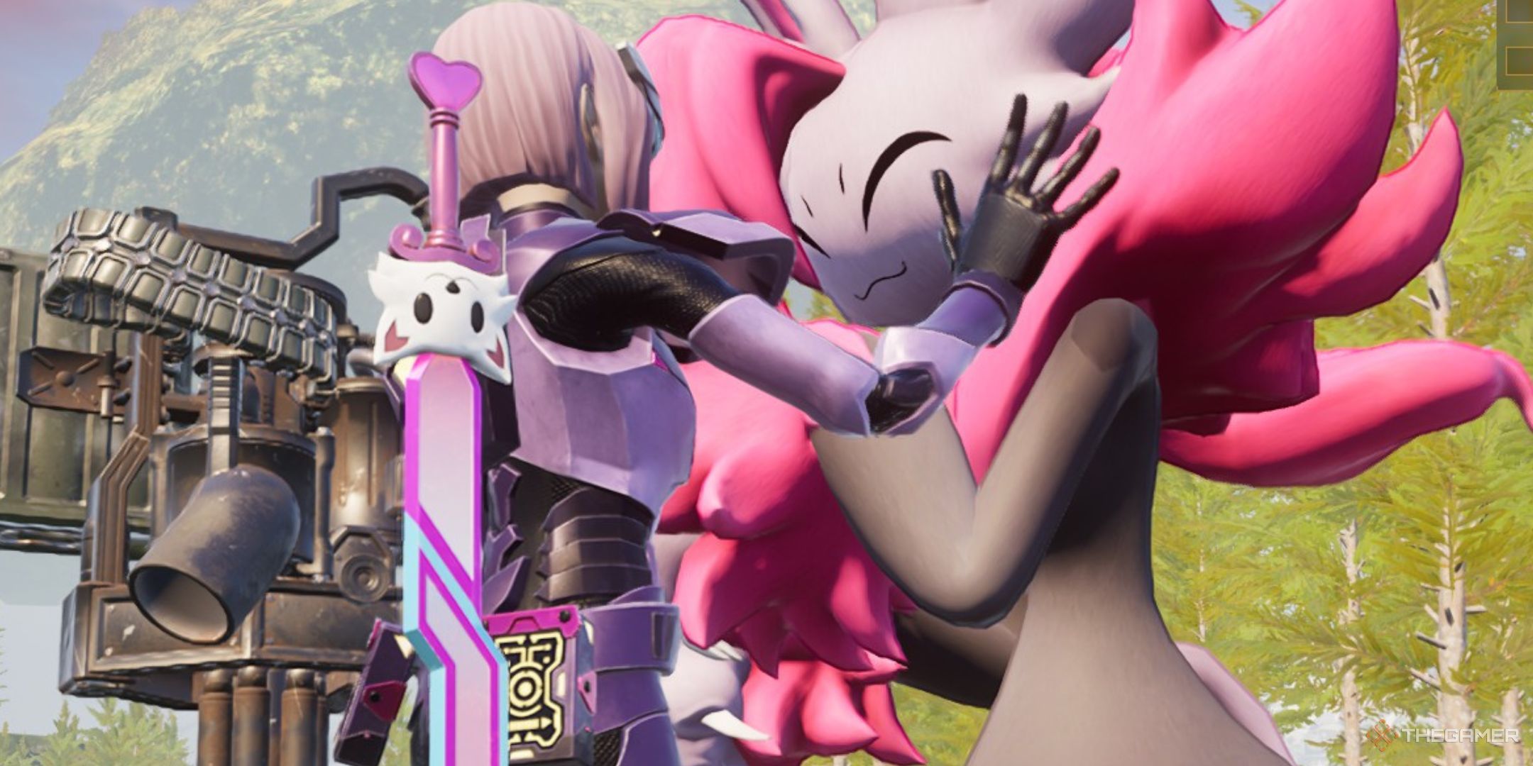 The player is petting Nyafia in Palworld.