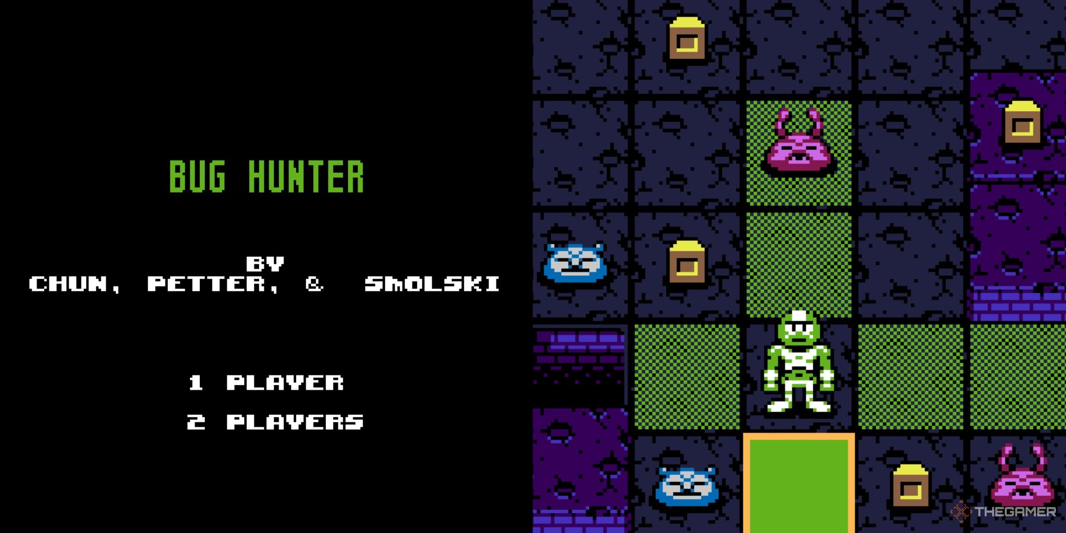 Split image from UFO 50 with the Bug Hunter title screen and gameplay.