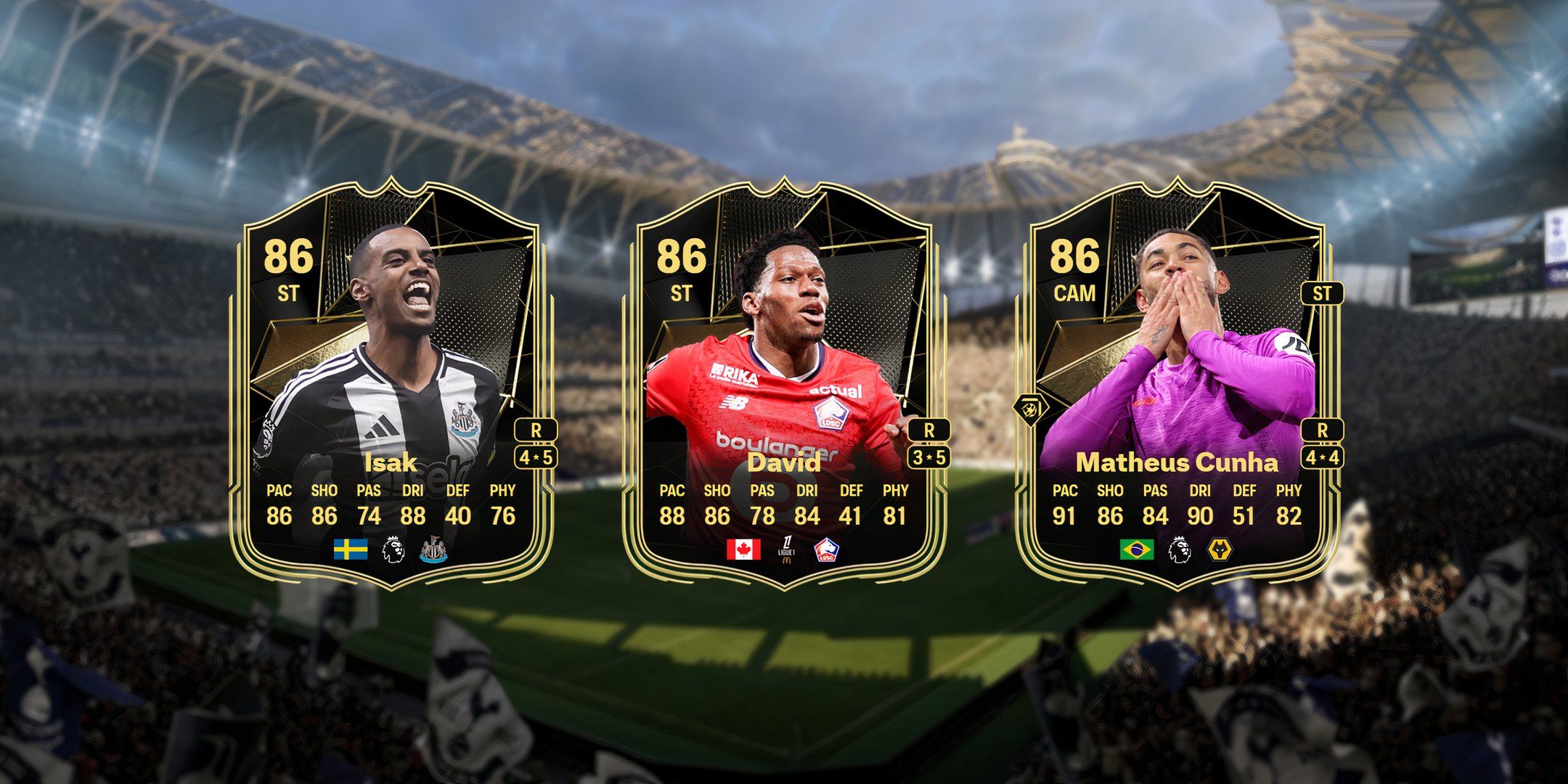 Isak's, David's, and Cunha's cards in EA Sports FC 25.