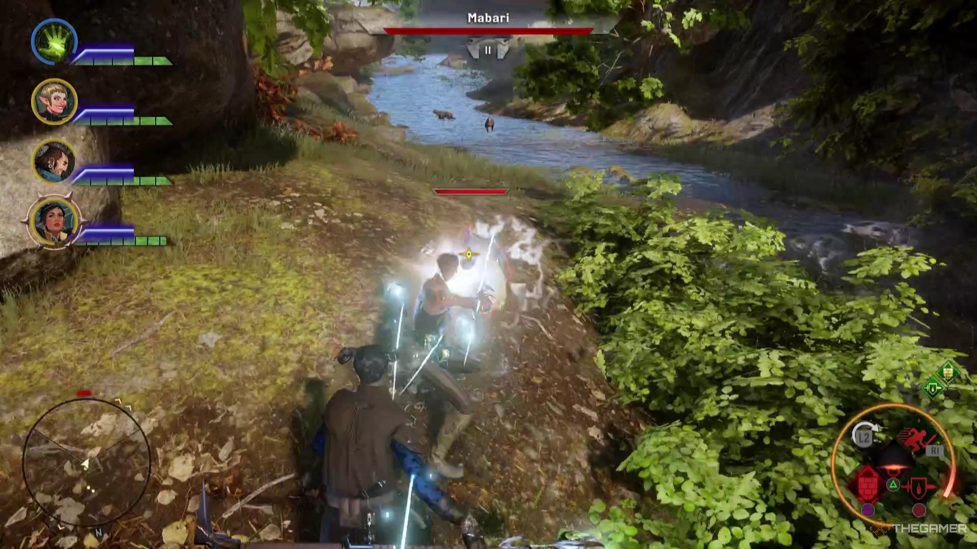 Cassandra tanking against a wolf in Dragon Age: Inquisition.