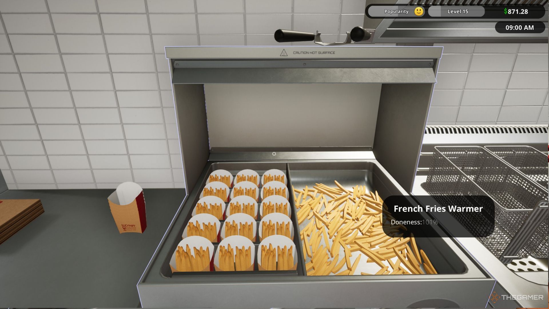 The image shows a filled up French Fry Warmer in Fast Food Simulator.