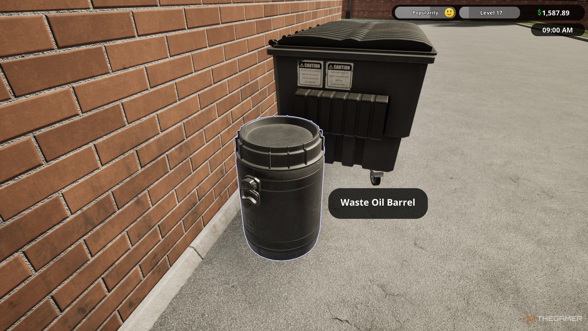 The image shows the Waste Oil Barrel in Fast Food Simulator.