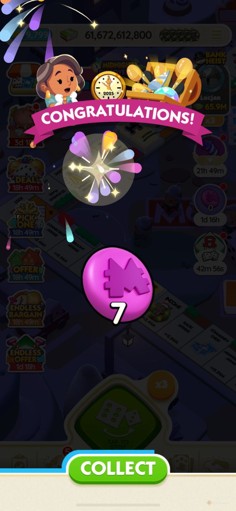 Earning 7 Juggle Jam carnival games tokens in Midnight Discoveries in Monopoly Go.