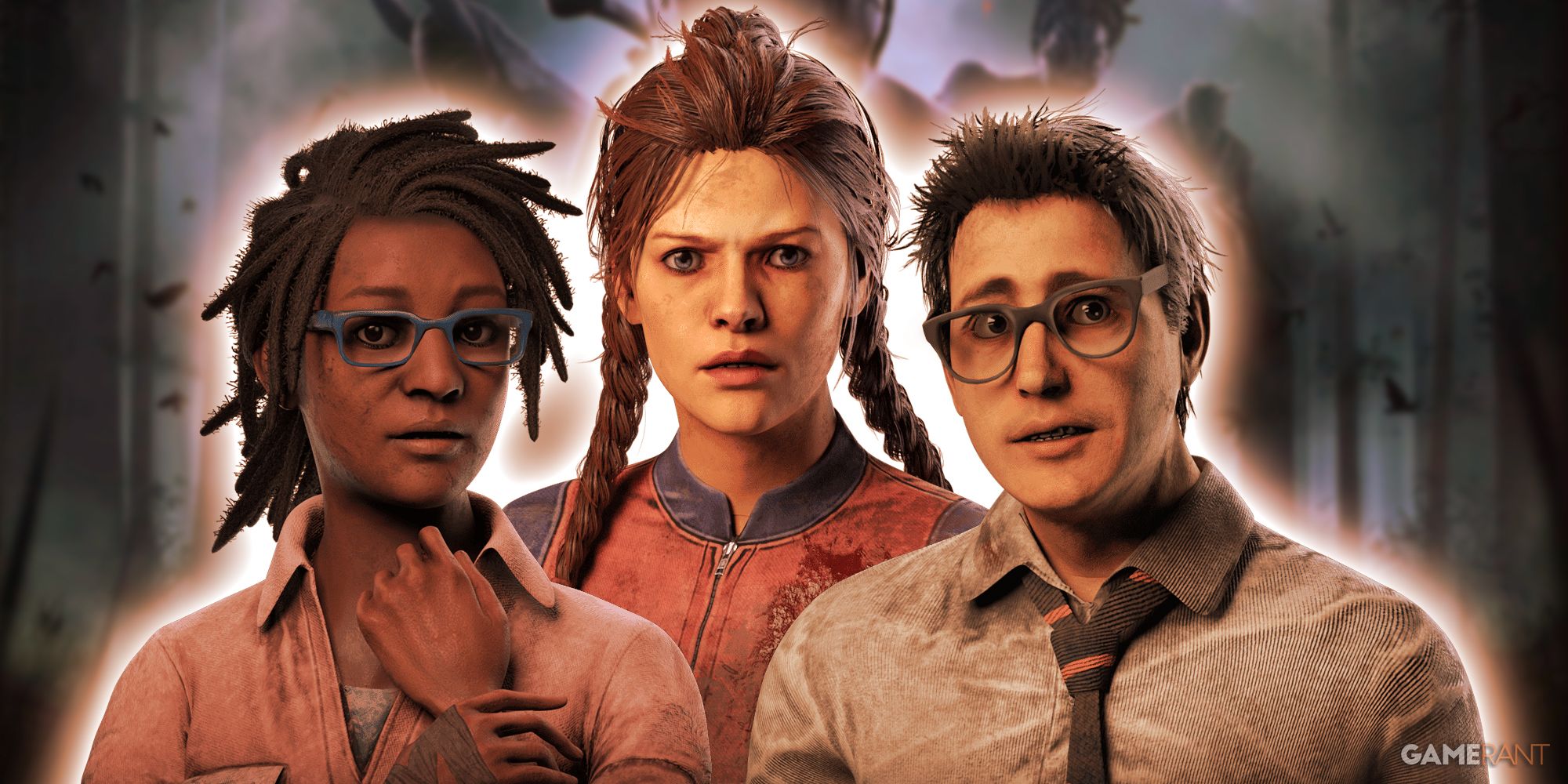 Dead By Daylight survivors Claudette Morel, Meg Thomas, Dwight Fairfield