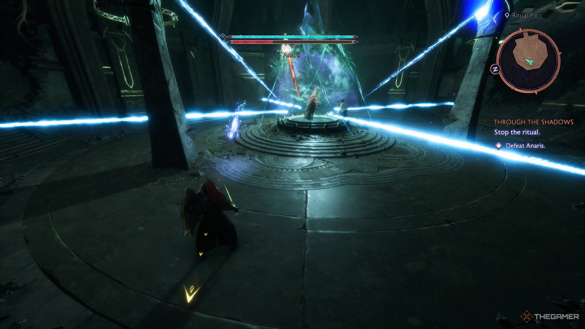 Anaris summoning the roaming Frost Beams during his third phase in Through the Shadows quest.