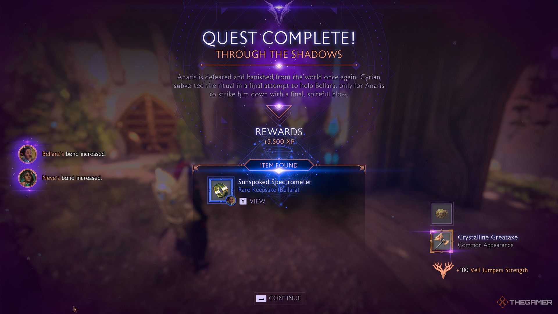 Reward Screen showing the completion of Through the Shadows quest in Dragon Age: The Veilguard.