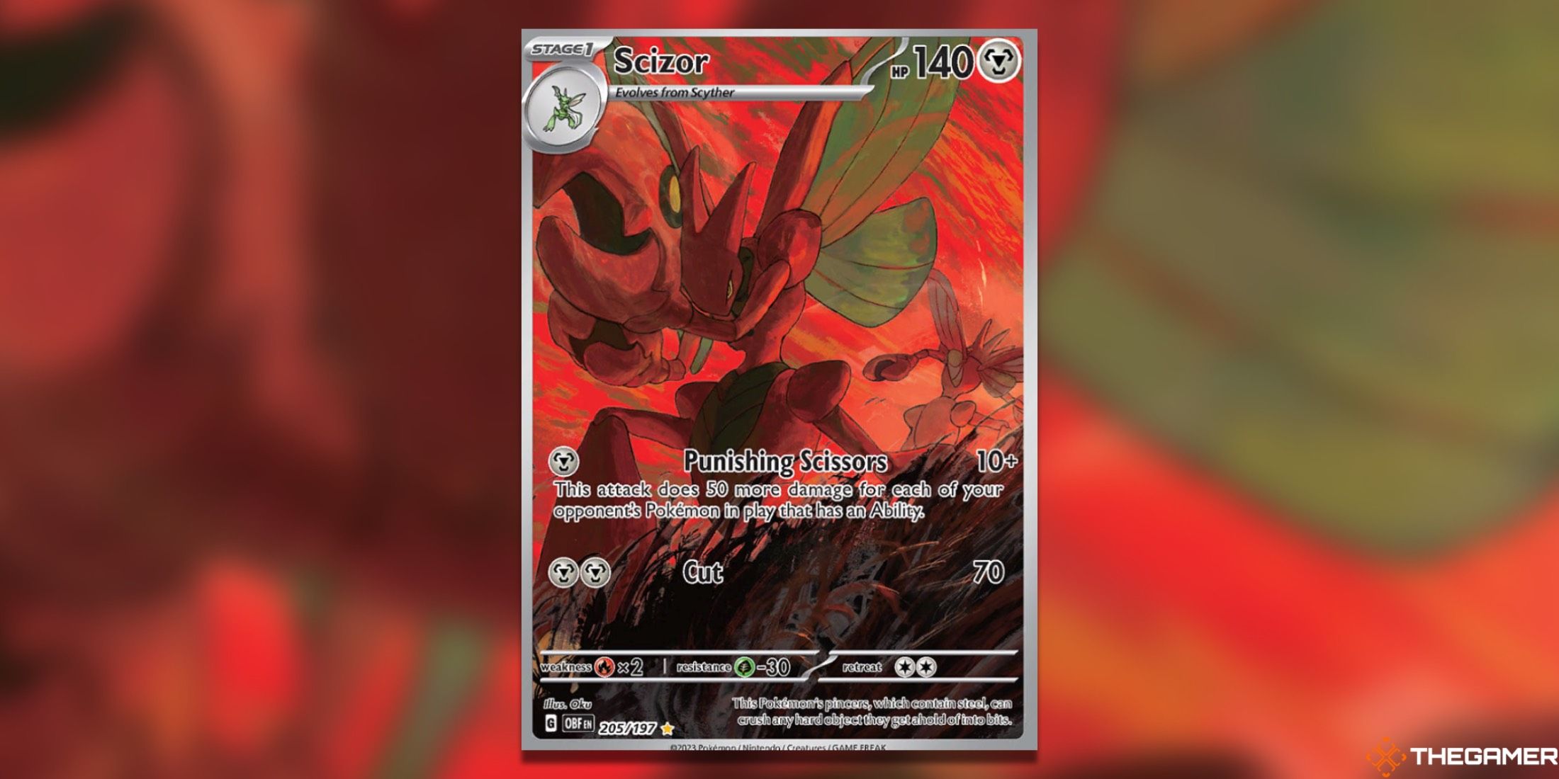 The Obsidian Flames Scizor Illustration Rare from the Pokemon TCG.