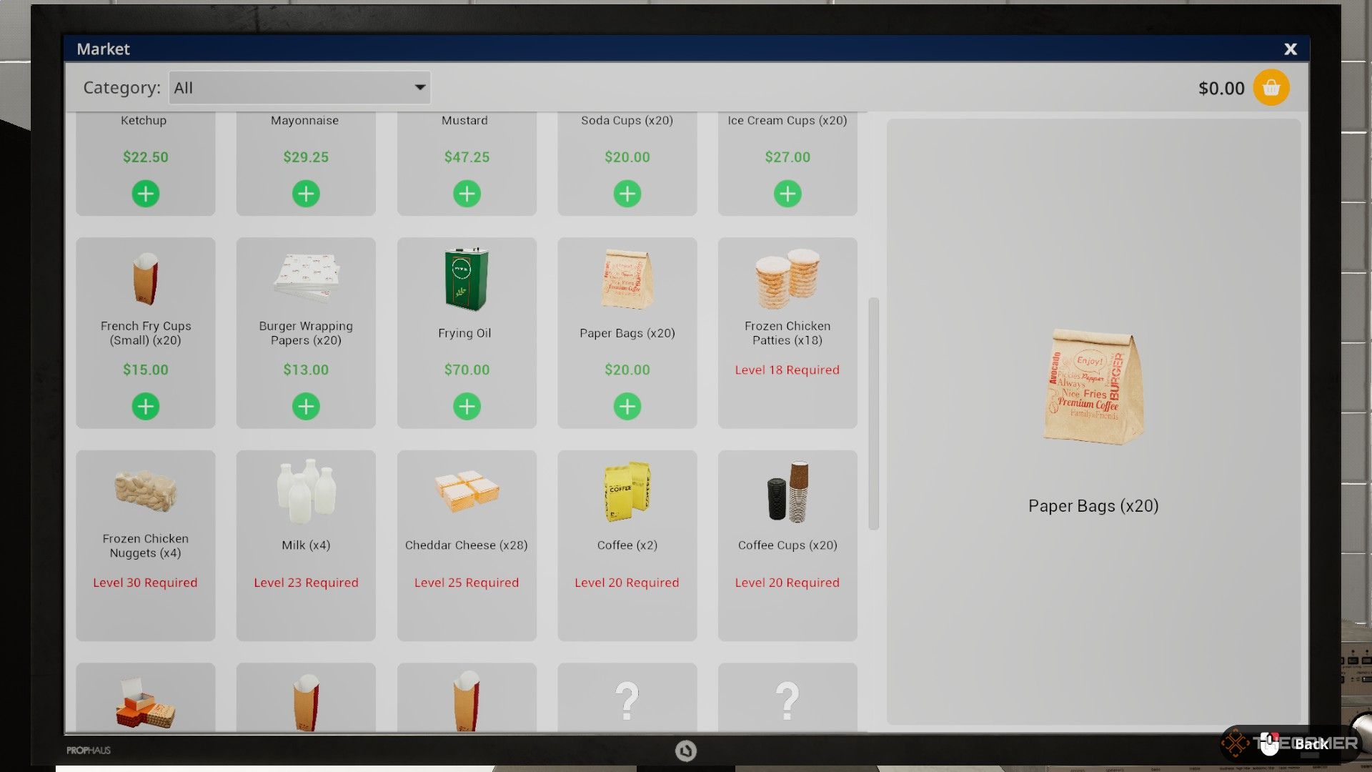 The image shows the paper bags in the market app accessed by the PC in Fast Food Simulator.