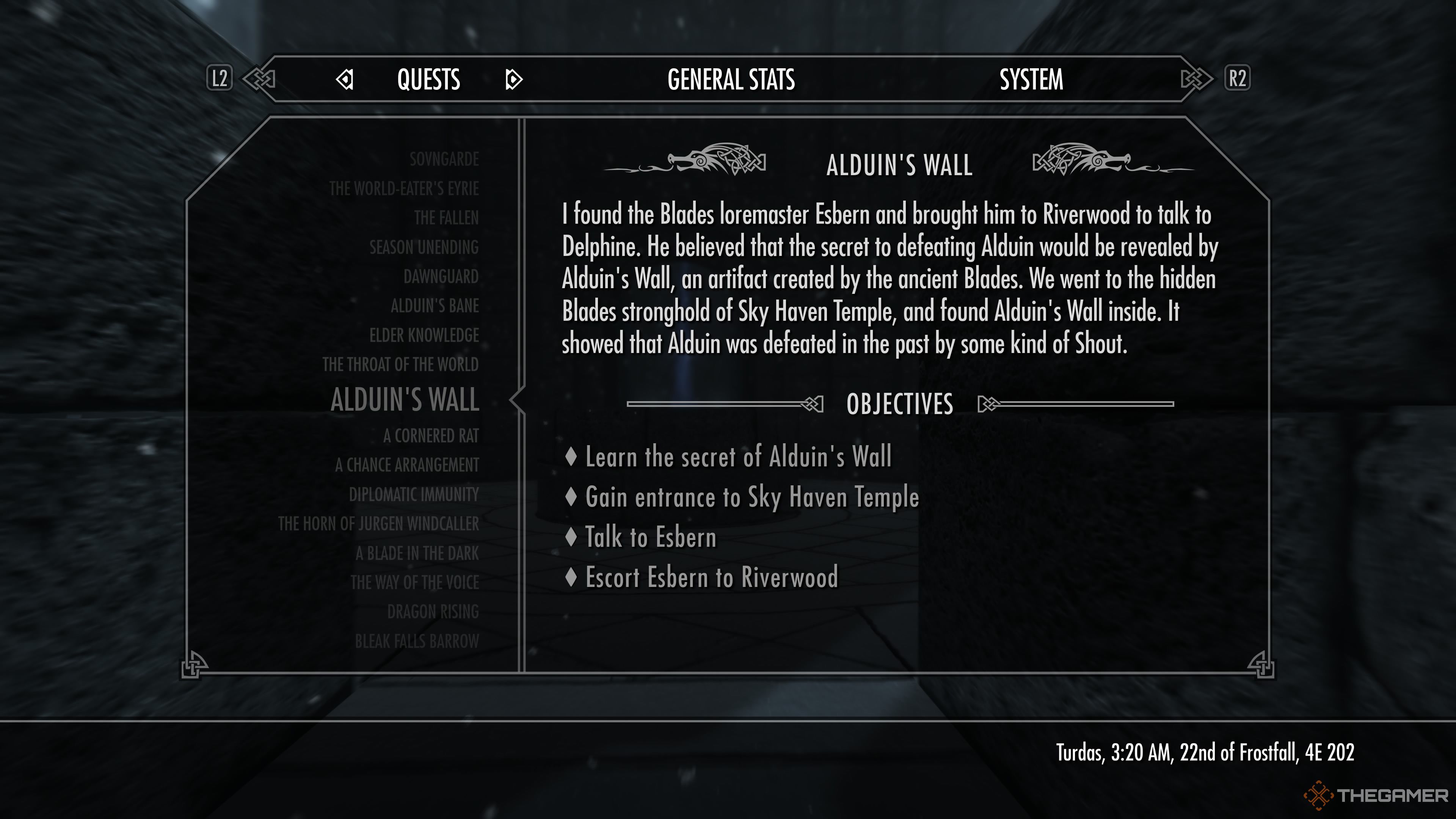 The image showcases the player's opened quest journal and within it Alduin's Wall is hovered over. Objectives are clearly laid out on the screen with one mentioning Sky Haven Temple.