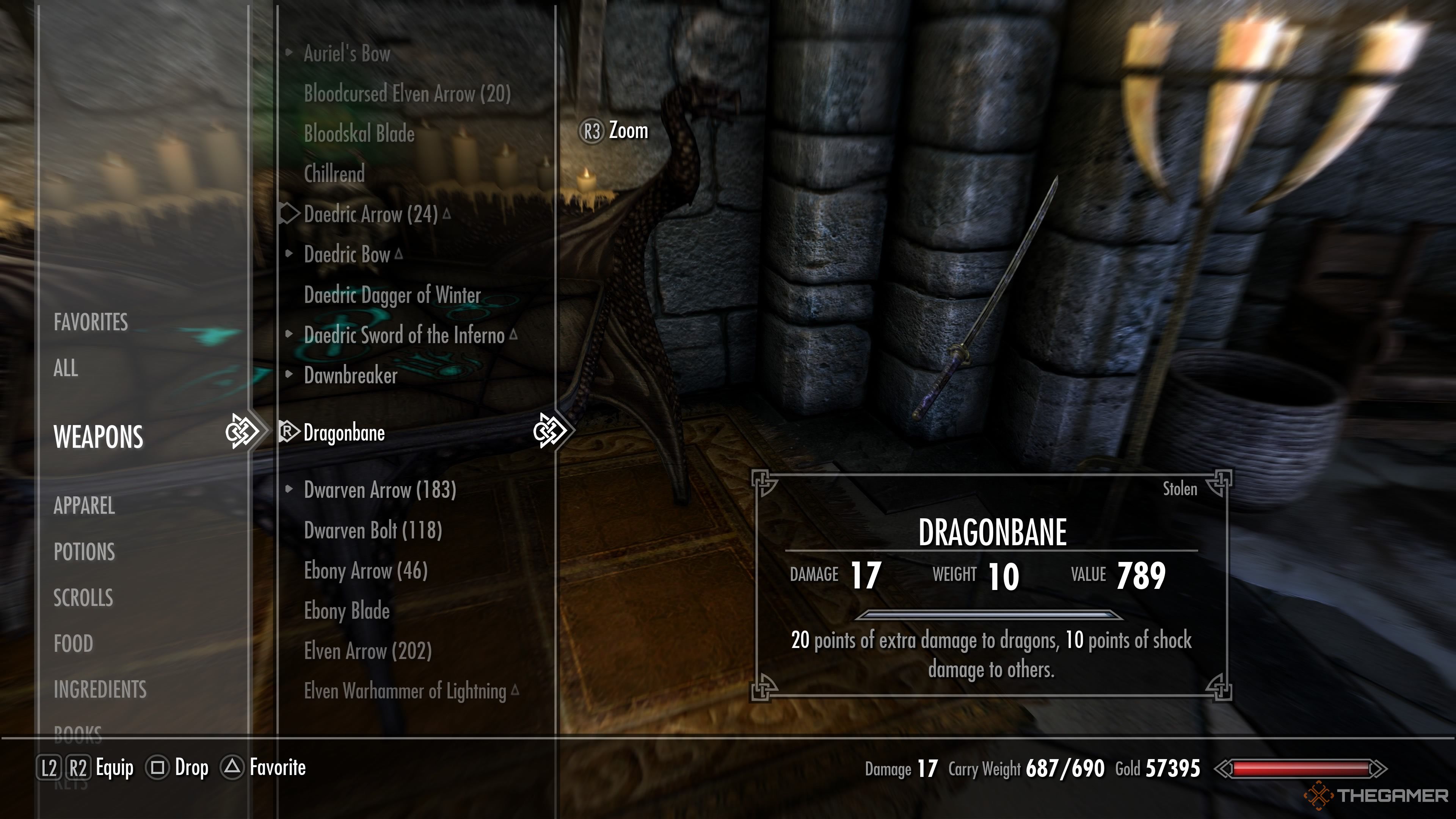 An image showing the Dragonbane hovered over in the player's inventory. It mentions having the base damage of 17, 10 weight, 789 value and then the bonus damage to dragons and other enemies.