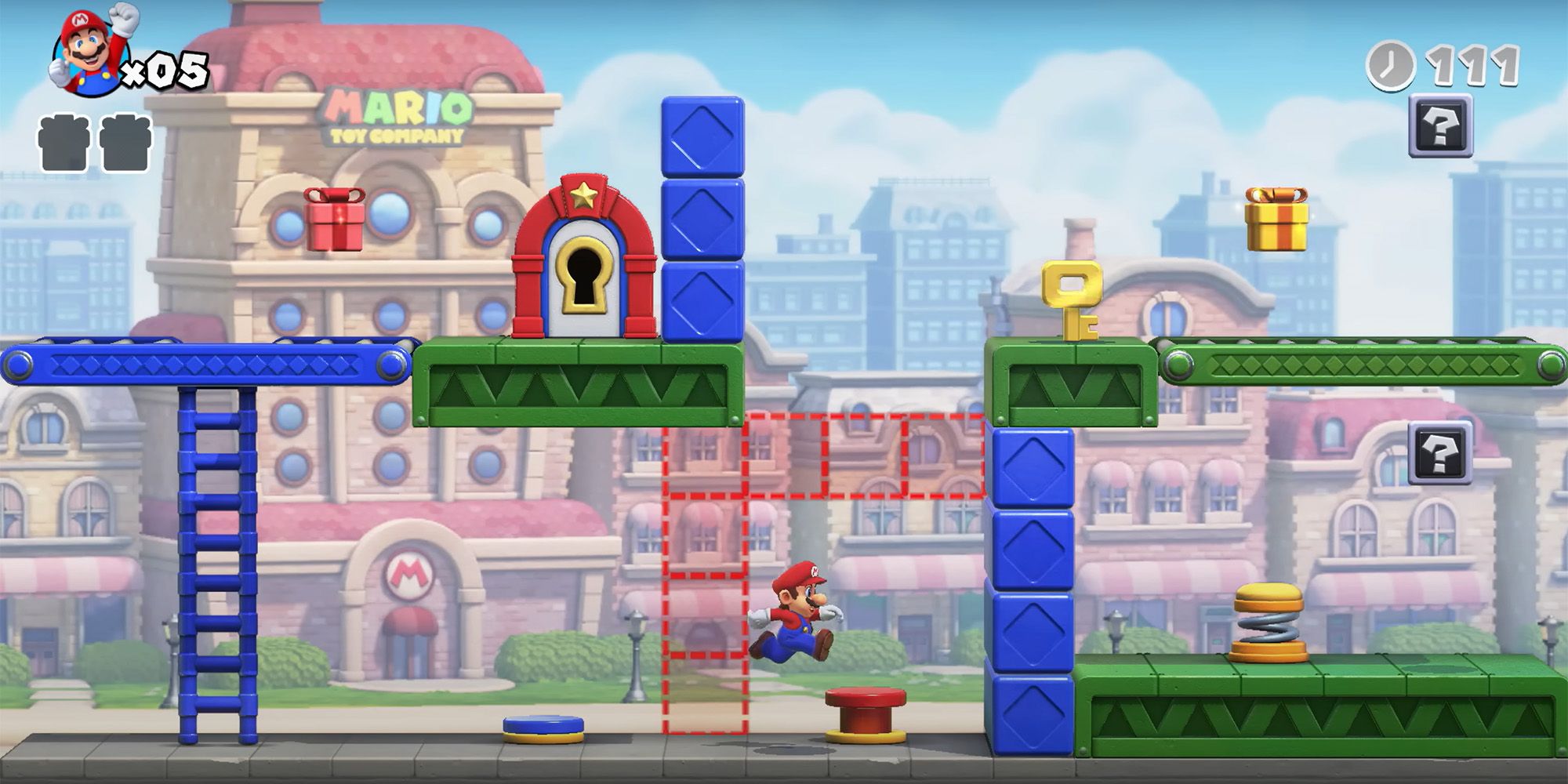 Mario hitting a red switch in World 1 of Mario vs. Donkey Kong Remake.