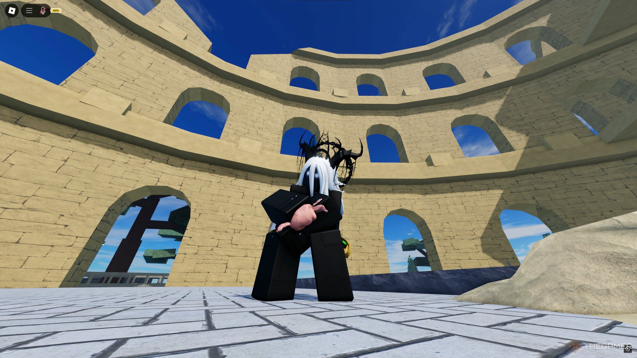 A player, holding the Heart of the Saint in Roblox: A Universal Time.