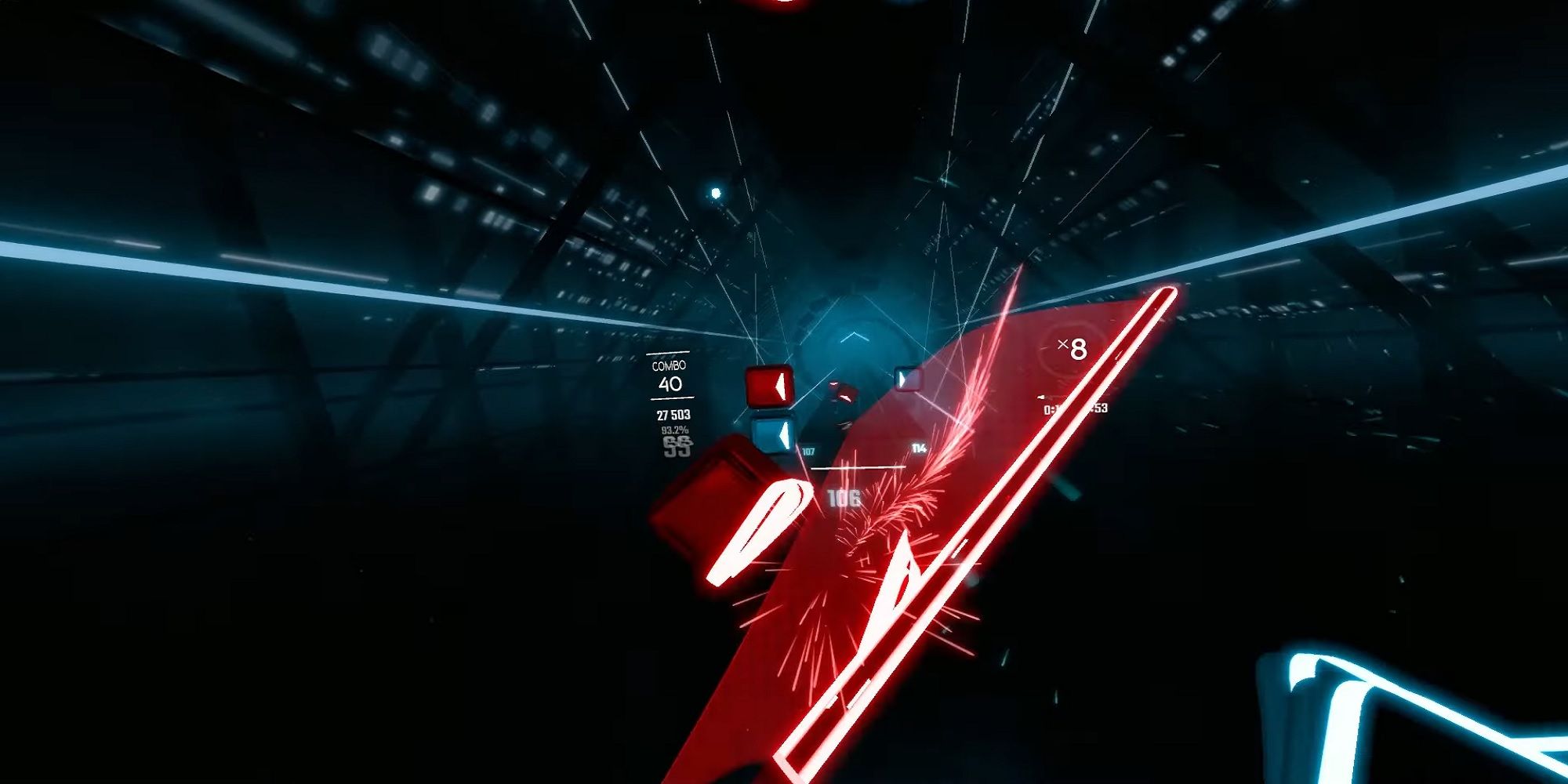 A Red Beatsaber Slices Through A Block In An Imagine Dragons Beatmap.