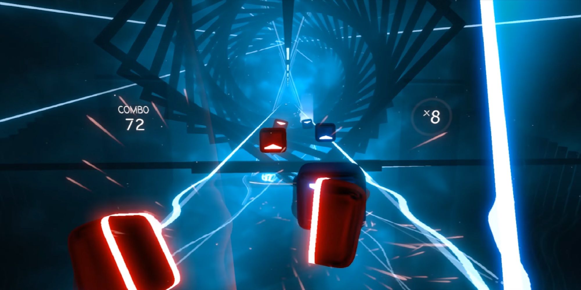 Red Block Is Sliced In Beat Saber.