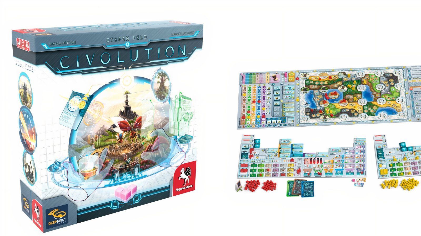 Civolution box cover on the left and gaming board on the right with figurines, cards, and other necessary equipment.