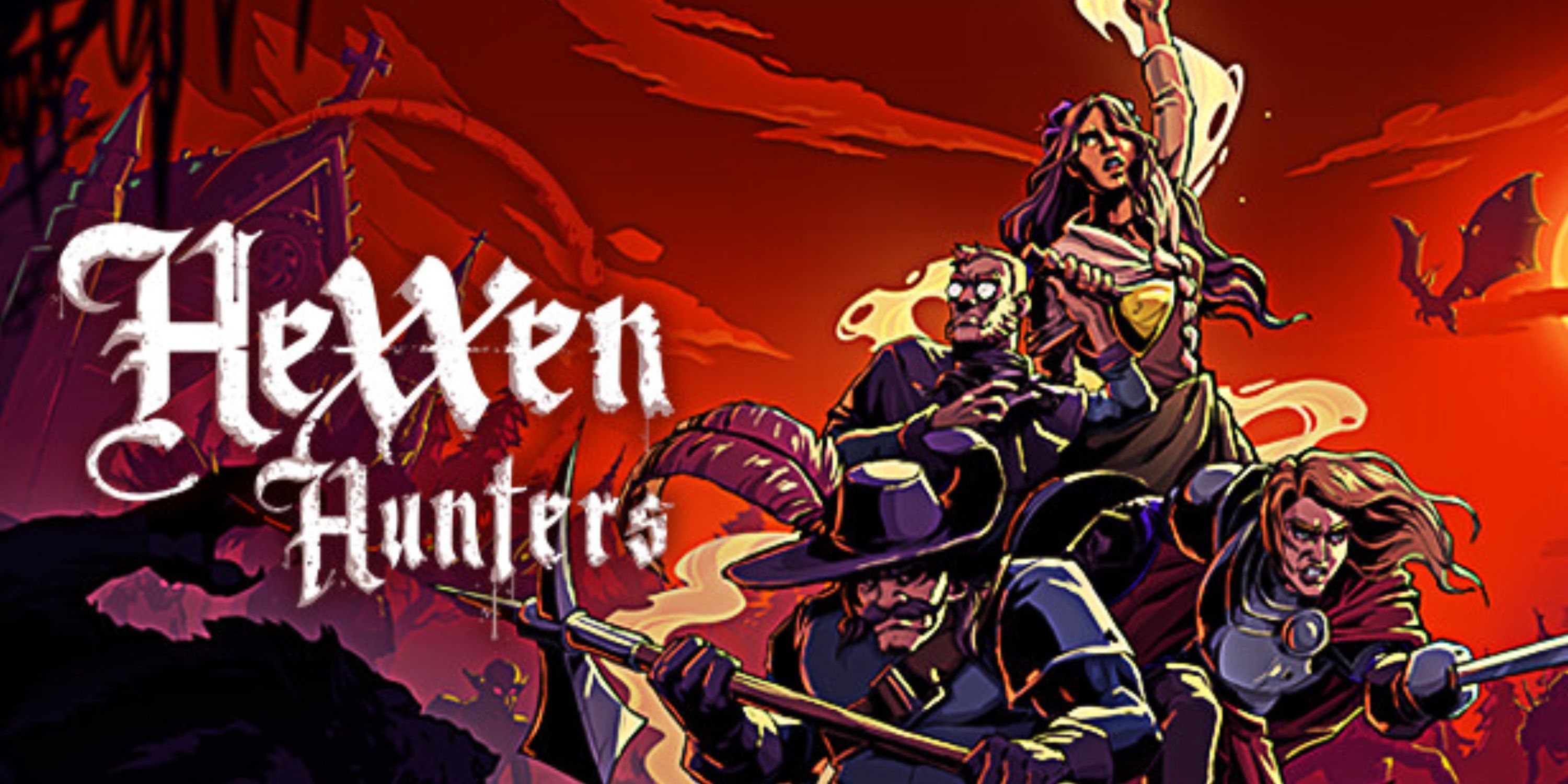 Key art of Hexxen Hunters showing four characters with a red background.