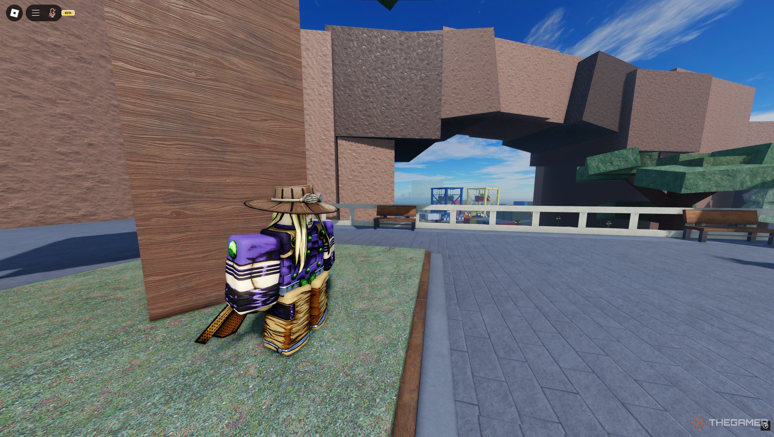 Gyro waiting at the port for the Tusk Act 2 quest in Roblox: A Universal Time.