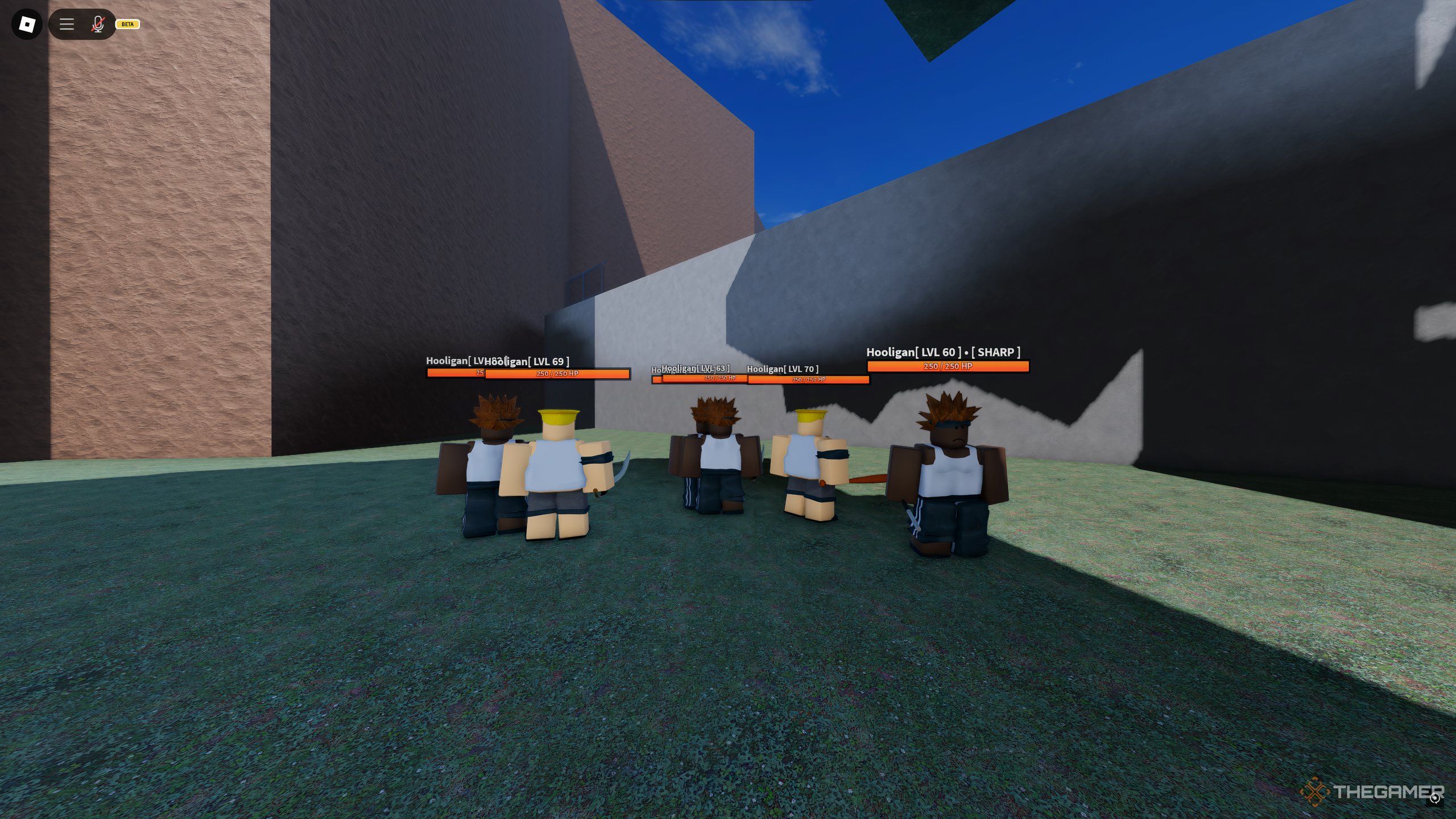 A group of Hooligans, chilling behind the skate park in Roblox: A Universal Time.