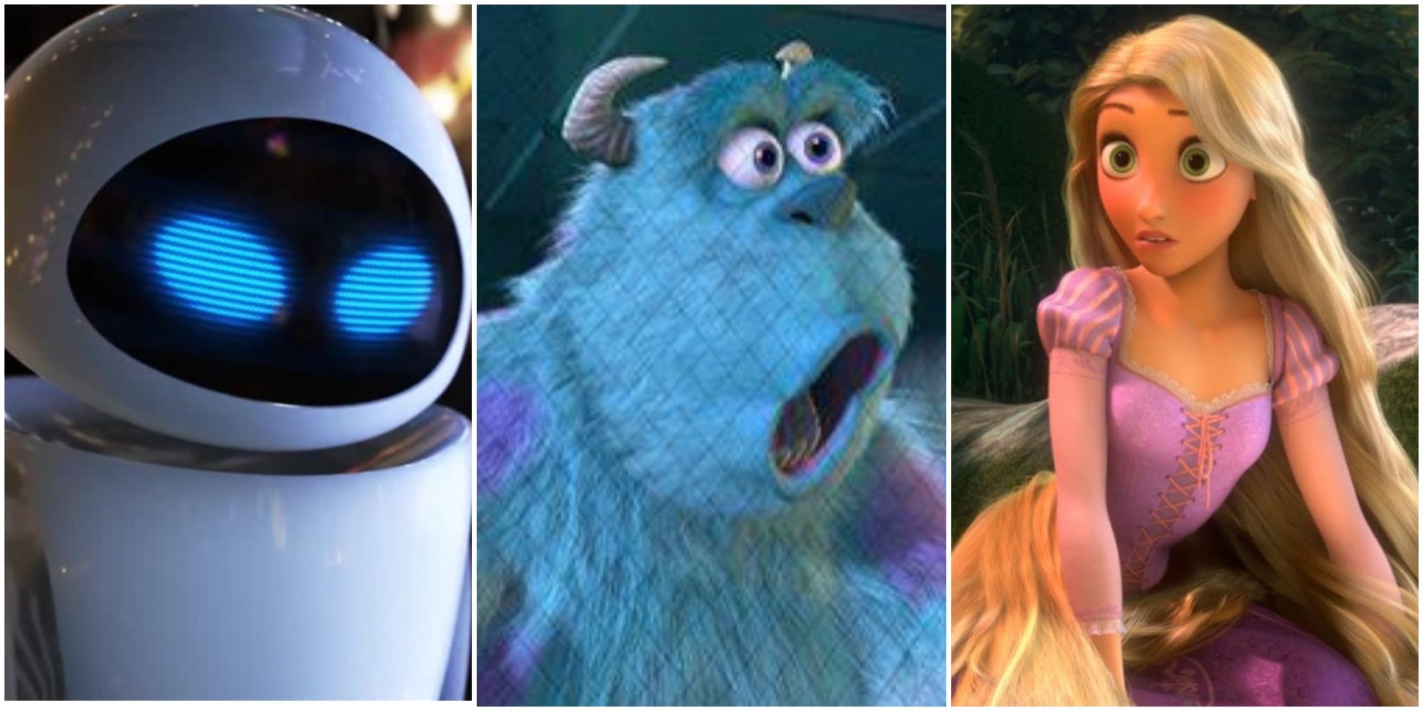 A collage of the Disney characters EVE from WALL-E, Sulley from Monsters Inc and Rapunzel from Tangled