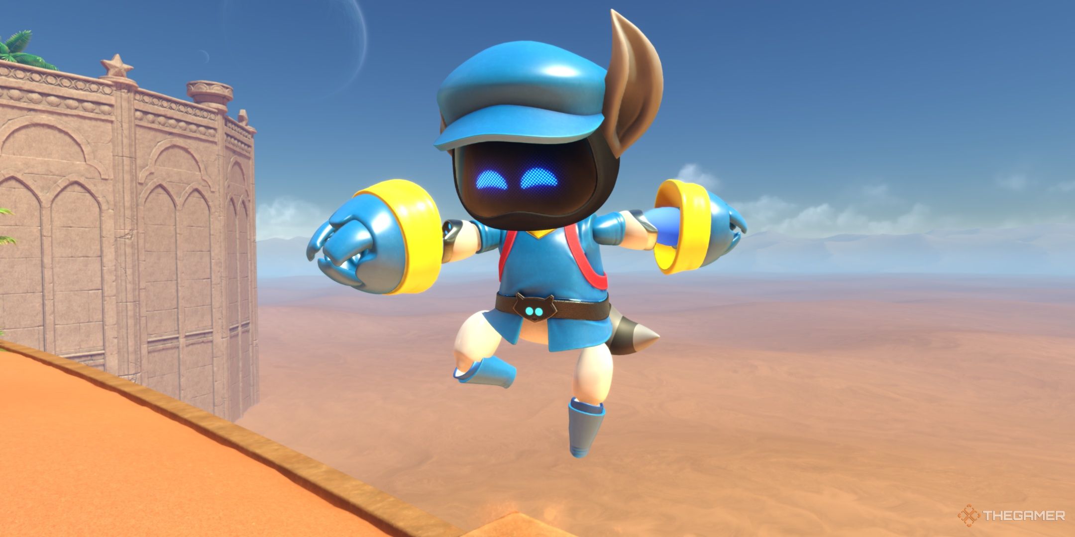 Astro wearing the Ring-Tailed Thief skin in Astro Bot.