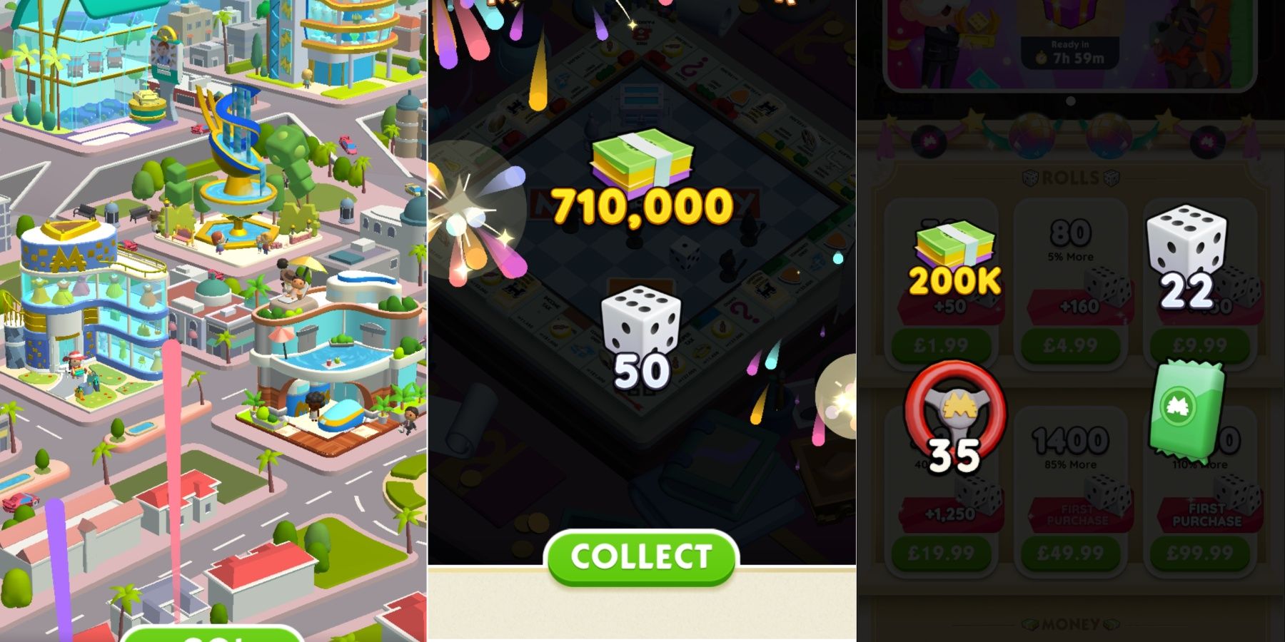 three screenshots from the game monopoly go showing three event win screens