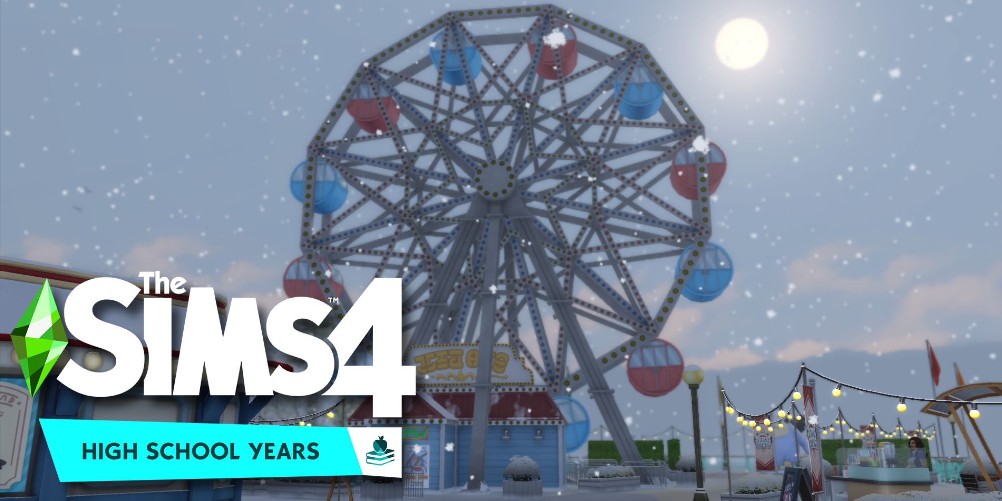 Copperdale is the world from the High School Years pack and it's among the coldest worlds in the game. Pictured is a ferris wheel in the snow.