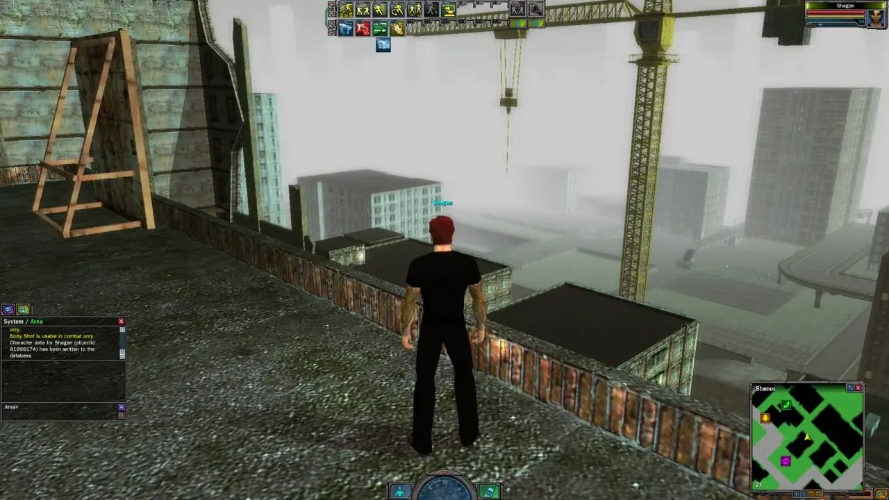 The Player Character standing on a rooftop in The Matrix Online.