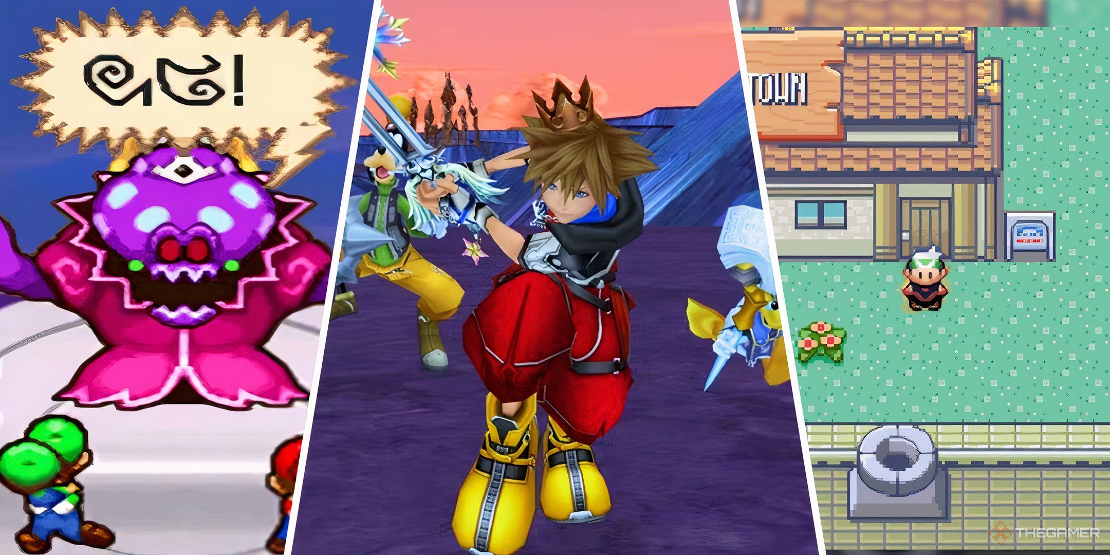 A split image of Partners in Time of the Elder Princess Shroob meeting, Kingdom Hearts 2 Sora and friends running toward heartless, and the player outside of a town in Pokemon.