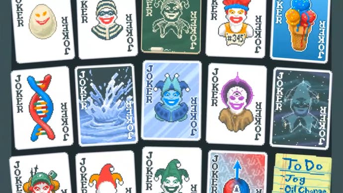 Balatro trailer screenshot showing grid of multiple joker cards