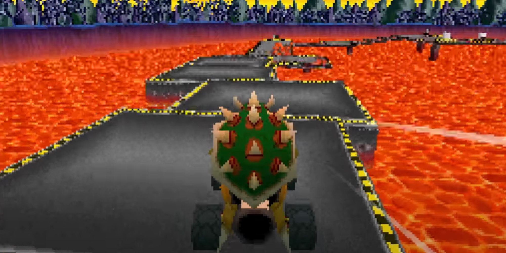 Mario Kart DS screenshot of Bowser racing through Bowser's Castle, surrounded by lava.