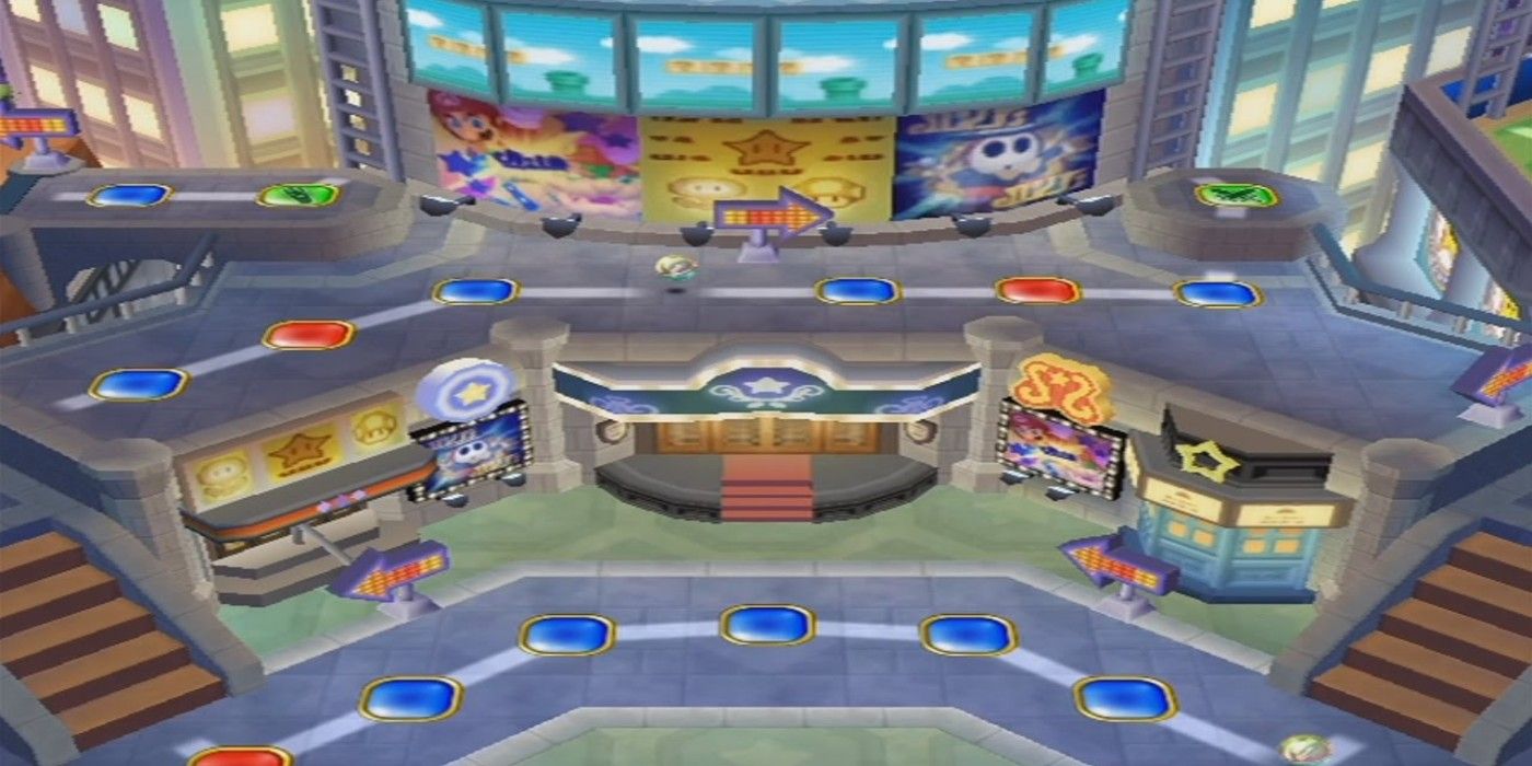 Mario Party 7 screenshot of the starting building on the neon heights board.