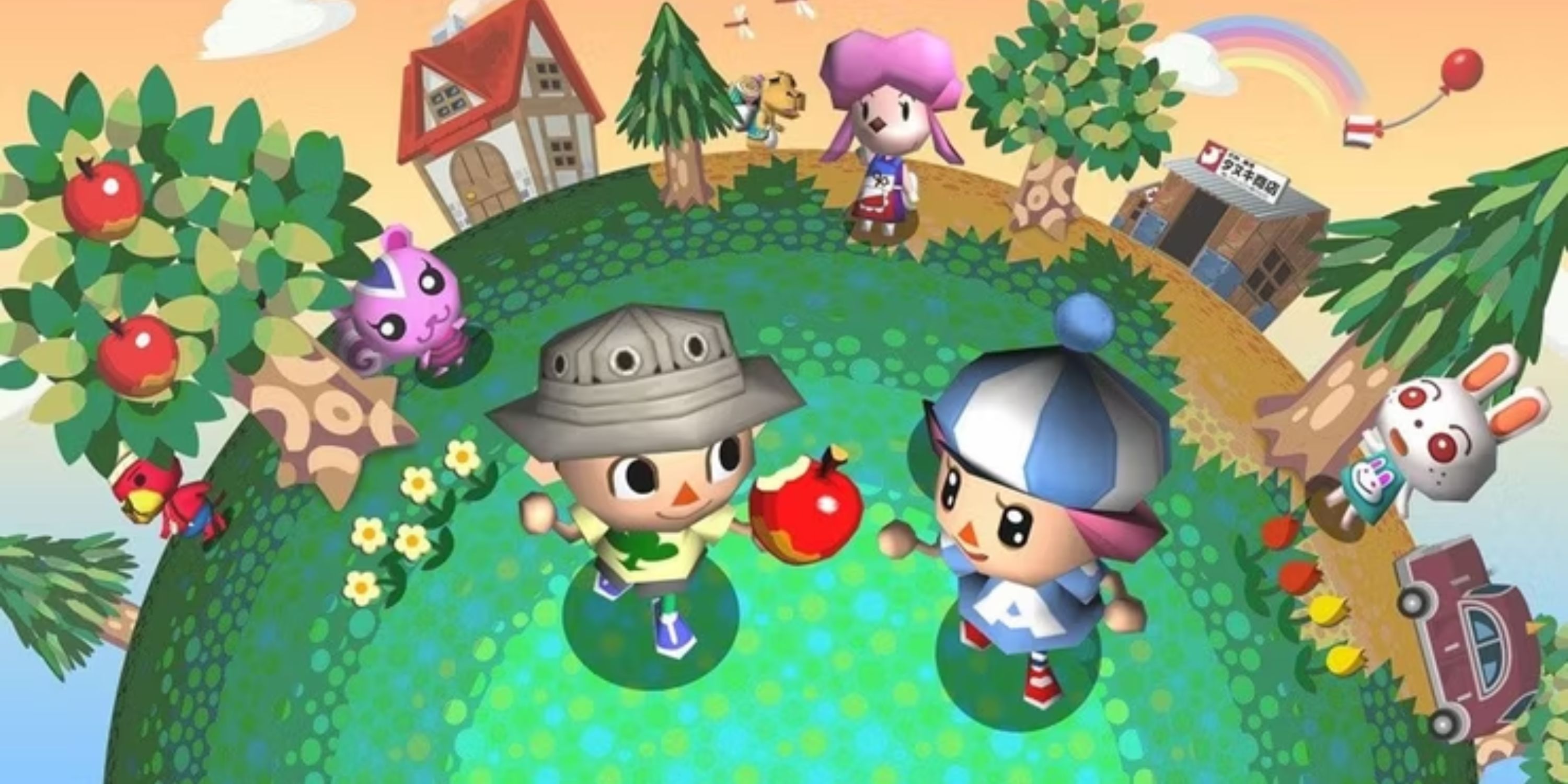 Two villagers exchange an apple as they stand in the town surrounded by other characters.