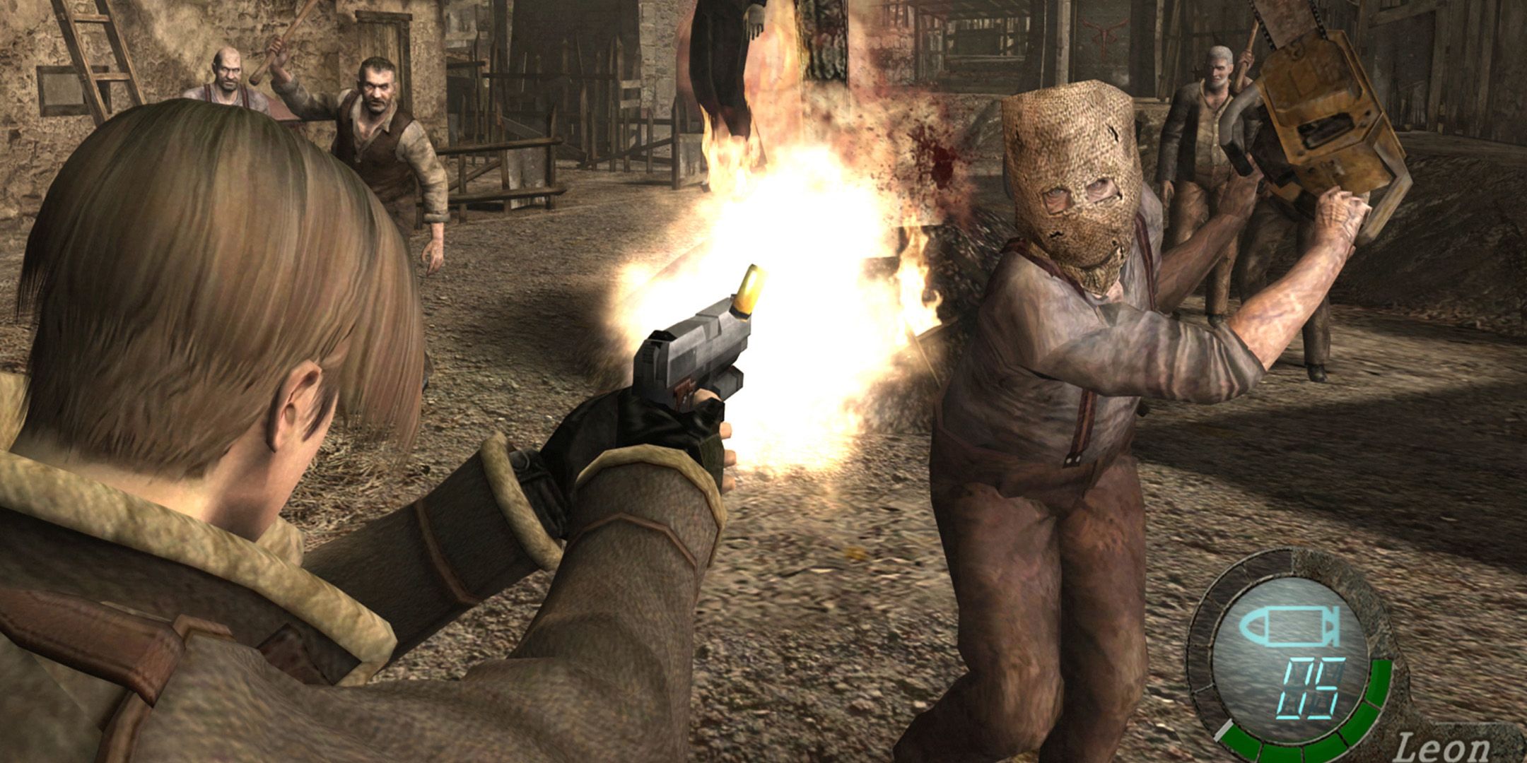 Leon Kennedy shooting a man wielding a chainsaw in Resident Evil 4.