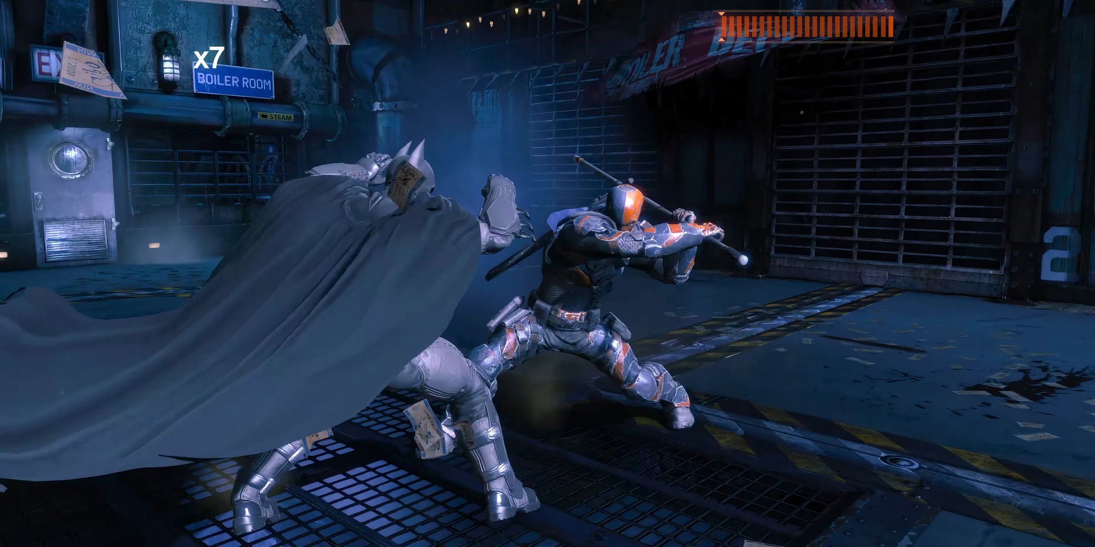 Deathstroke attacking Batman with his staff in Batman Arkham Origins