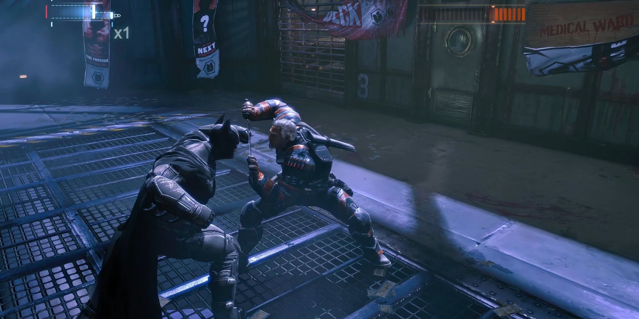 Batman combating Deathstroke in Batman Arkham Origins