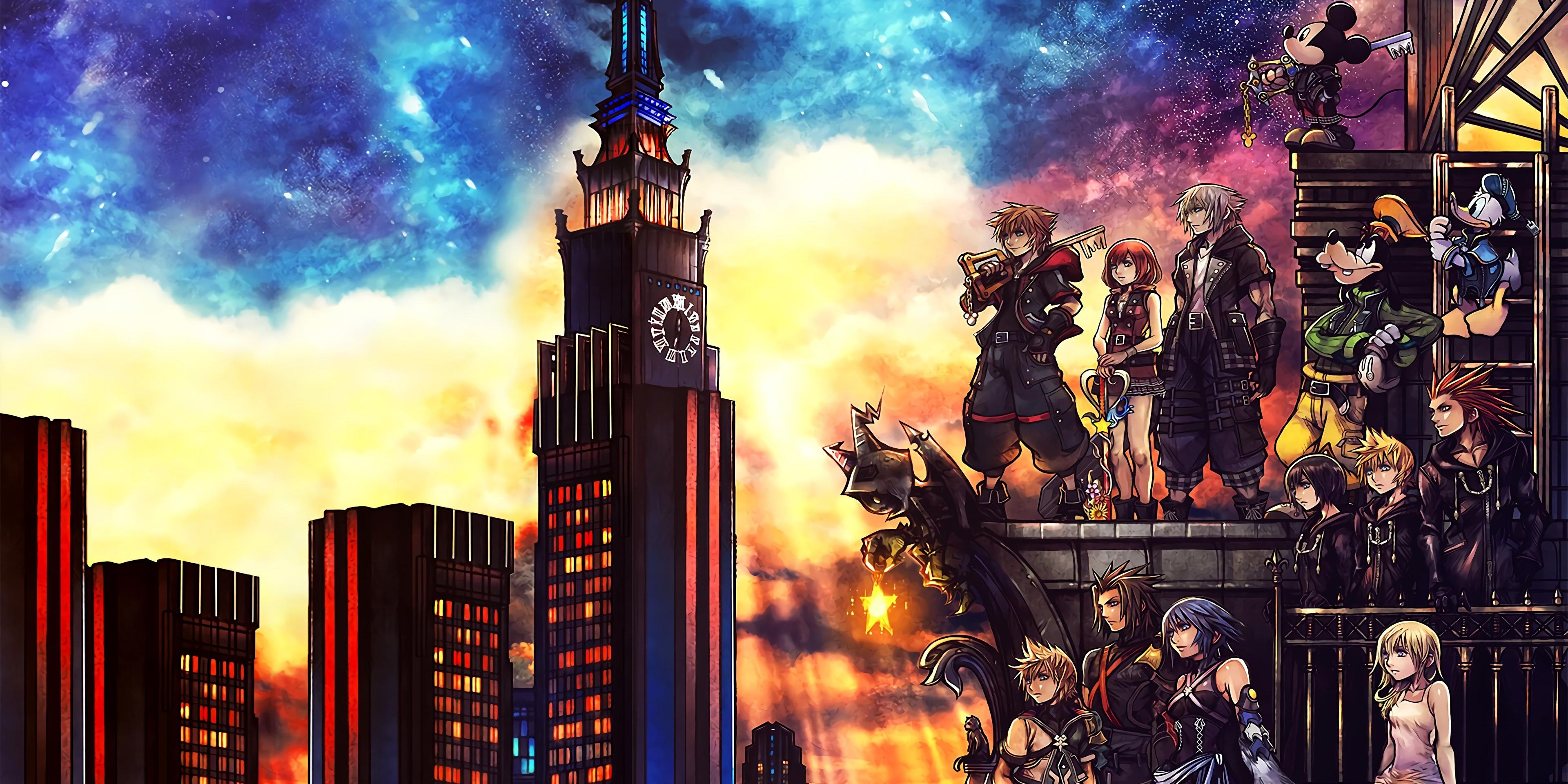 Kingdom Hearts 3 Cover Art featuring the trios from each game amidst a saturated city skyline