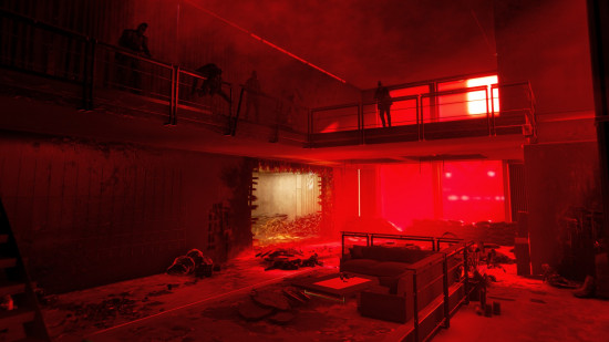 Silhouettes of multiple people in a room filled with bright red light in Den of Wolves.