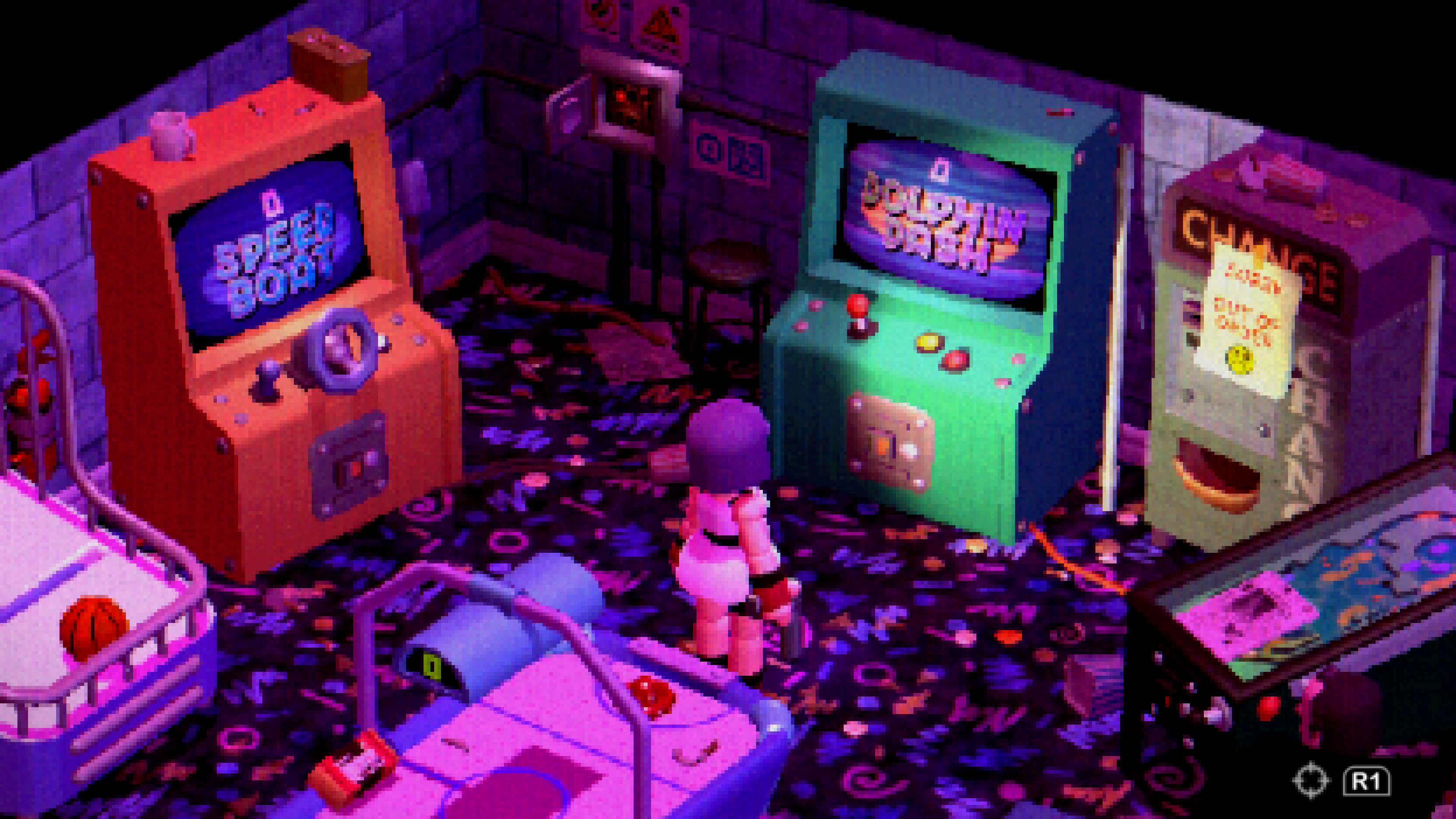 The Arcade room in Crow Country with its power restored -- player character Mara Forest looks at the Dolphin Dash game