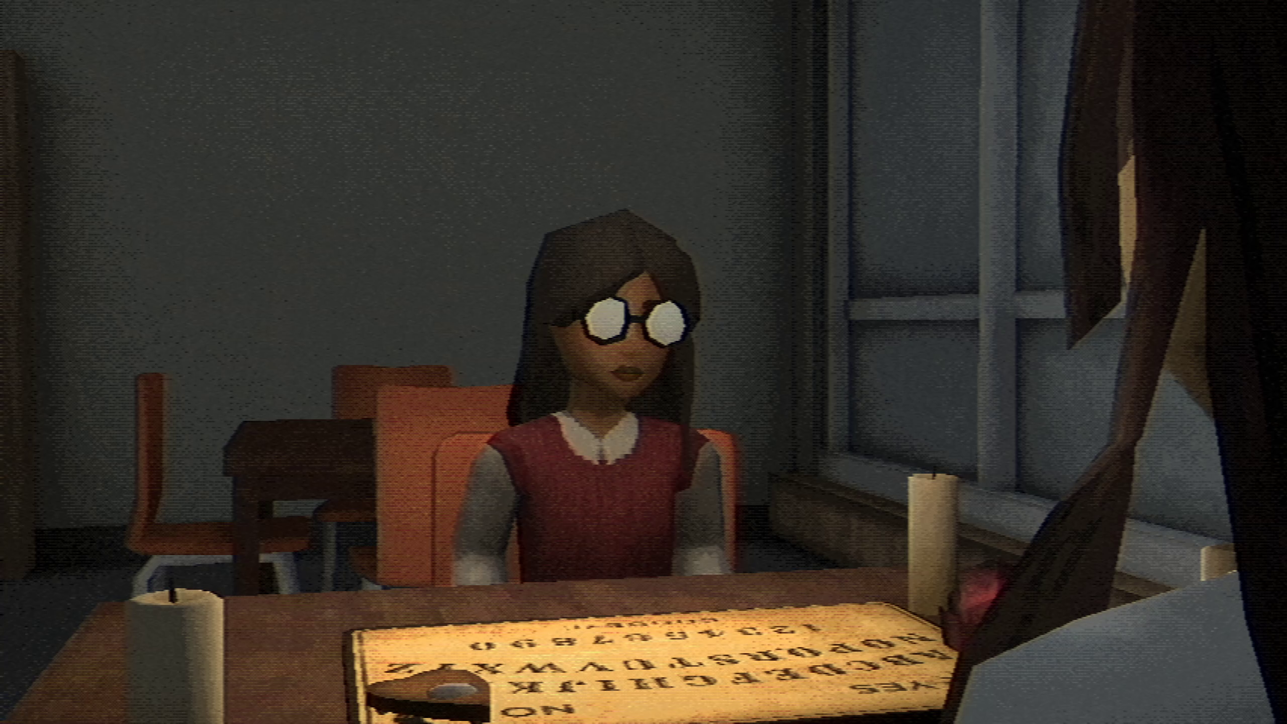 Vivian looks at Amy in Fear The Spotlight from across the Ouija board at the start of the game