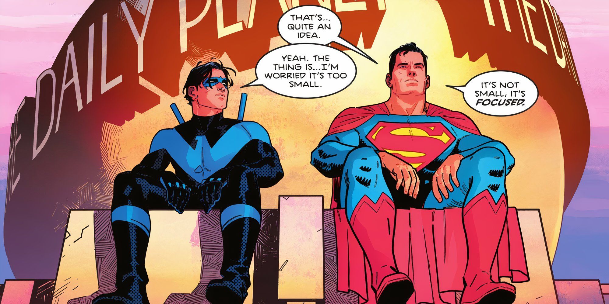 Nightwing sitting with Superman on top of the Daily Planet in Nightwing #83