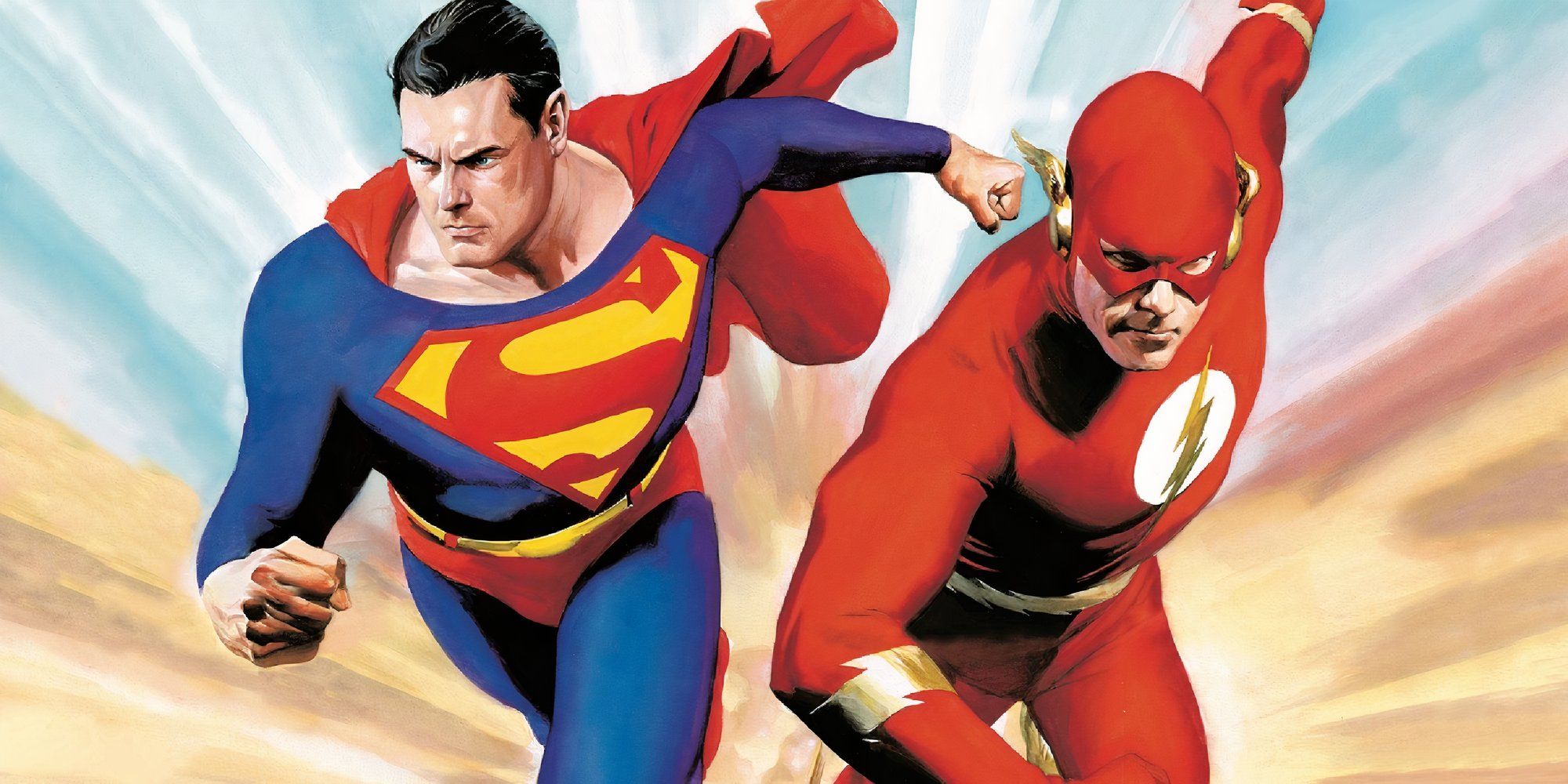 Alex Ross art of Superman and The Flash in a race in Superman Vs. The Flash