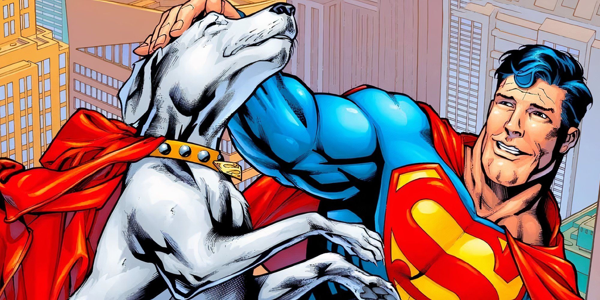 Superman petting Krypto in the air in DC Comics