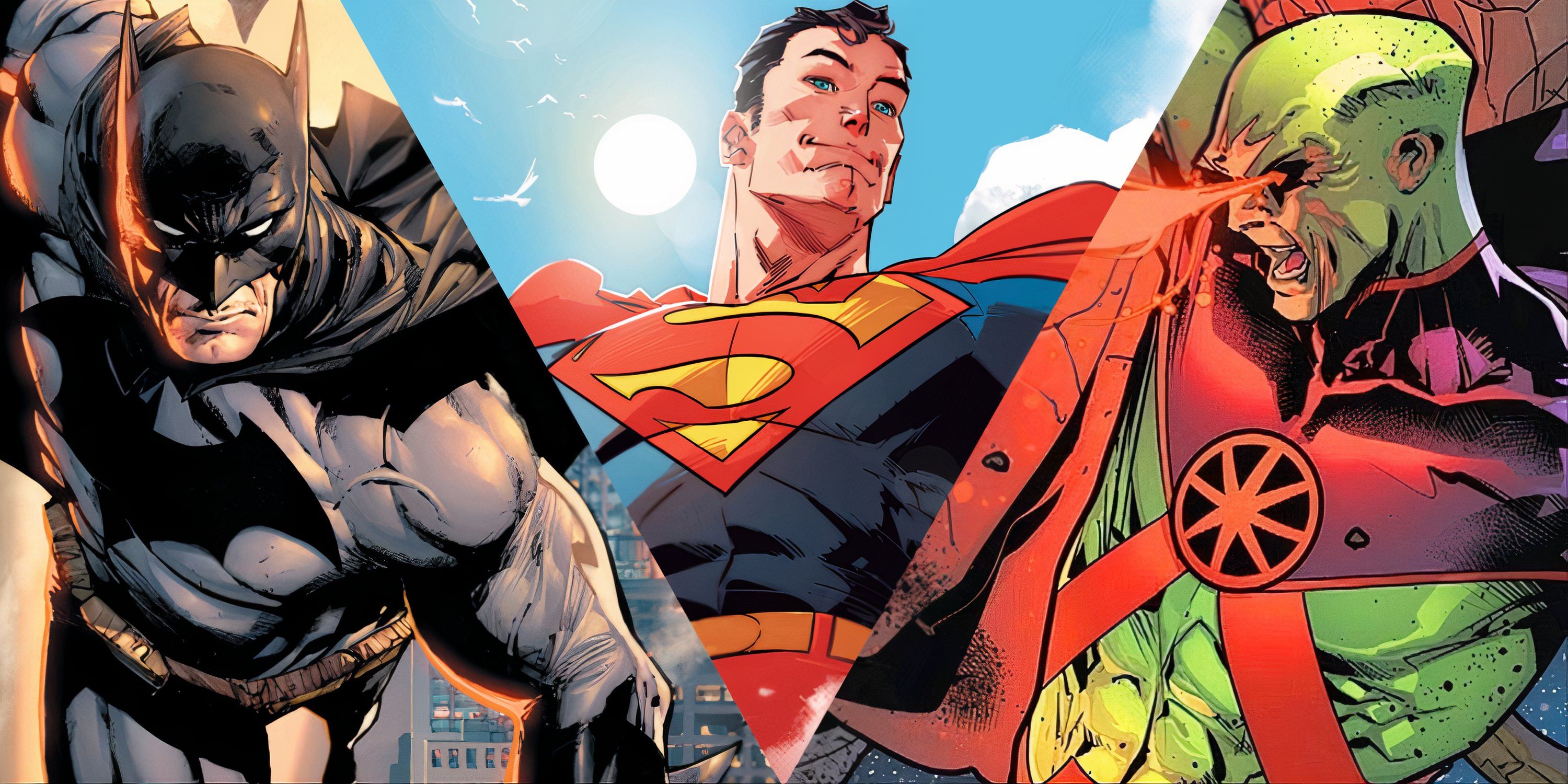 Split image of Batman, Superman, and Martian Manhunter in DC Comics