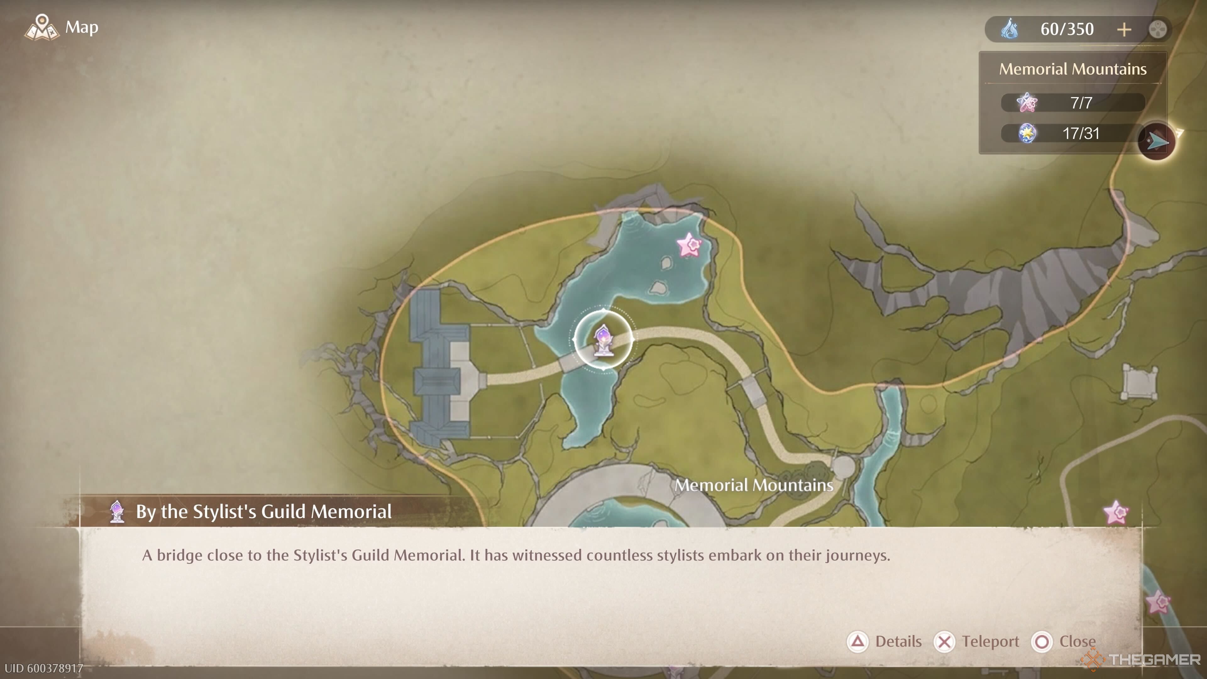 The map location of the By the Stylist's Guild Memorial Warp Spire in Infinity Nikki.