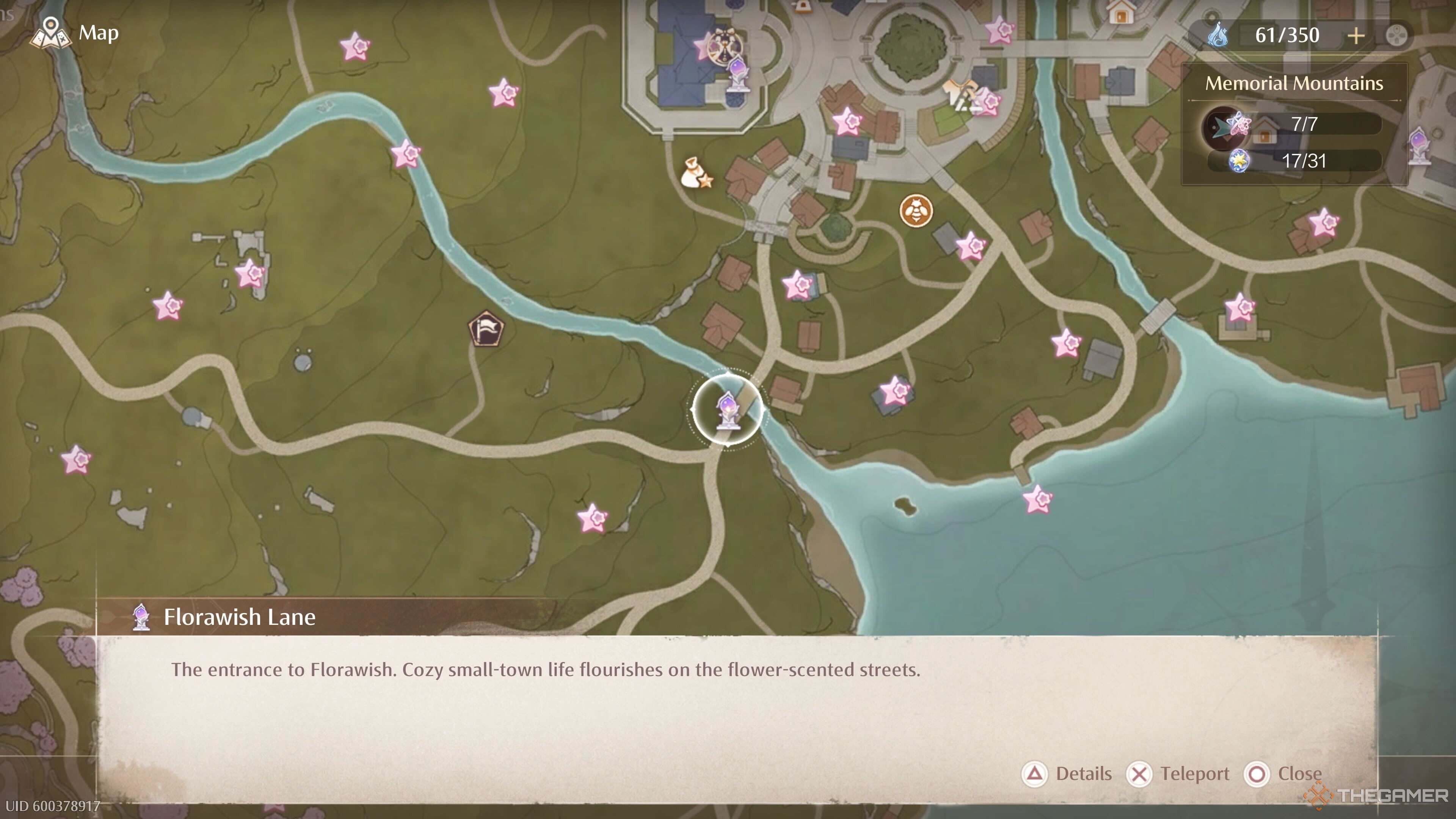 The map location of the Florawish Lane Warp Spire in Infinity Nikki.