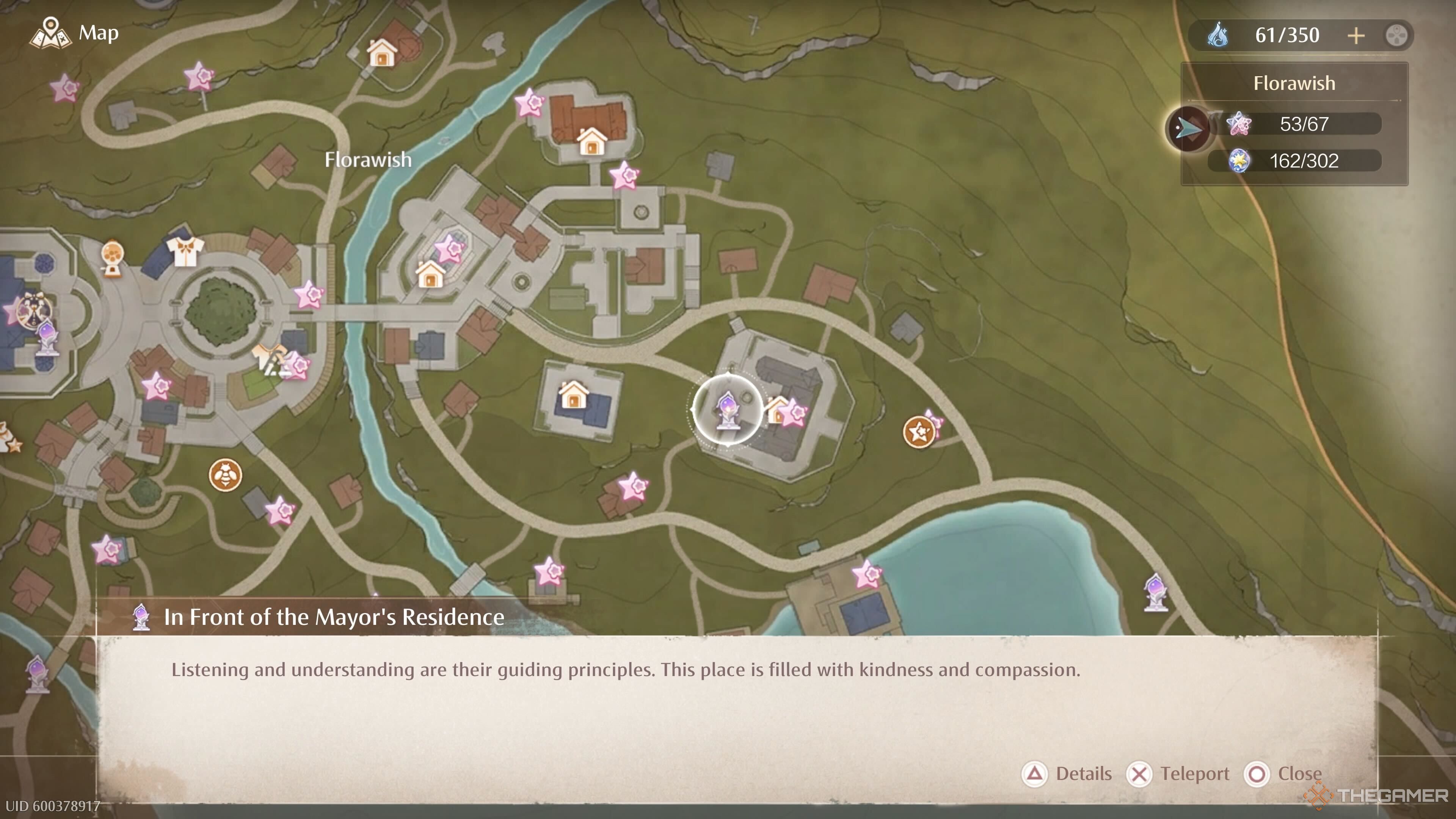 The map location of the In Front of the Mayor's Residence Warp Spire in Infinity Nikki.