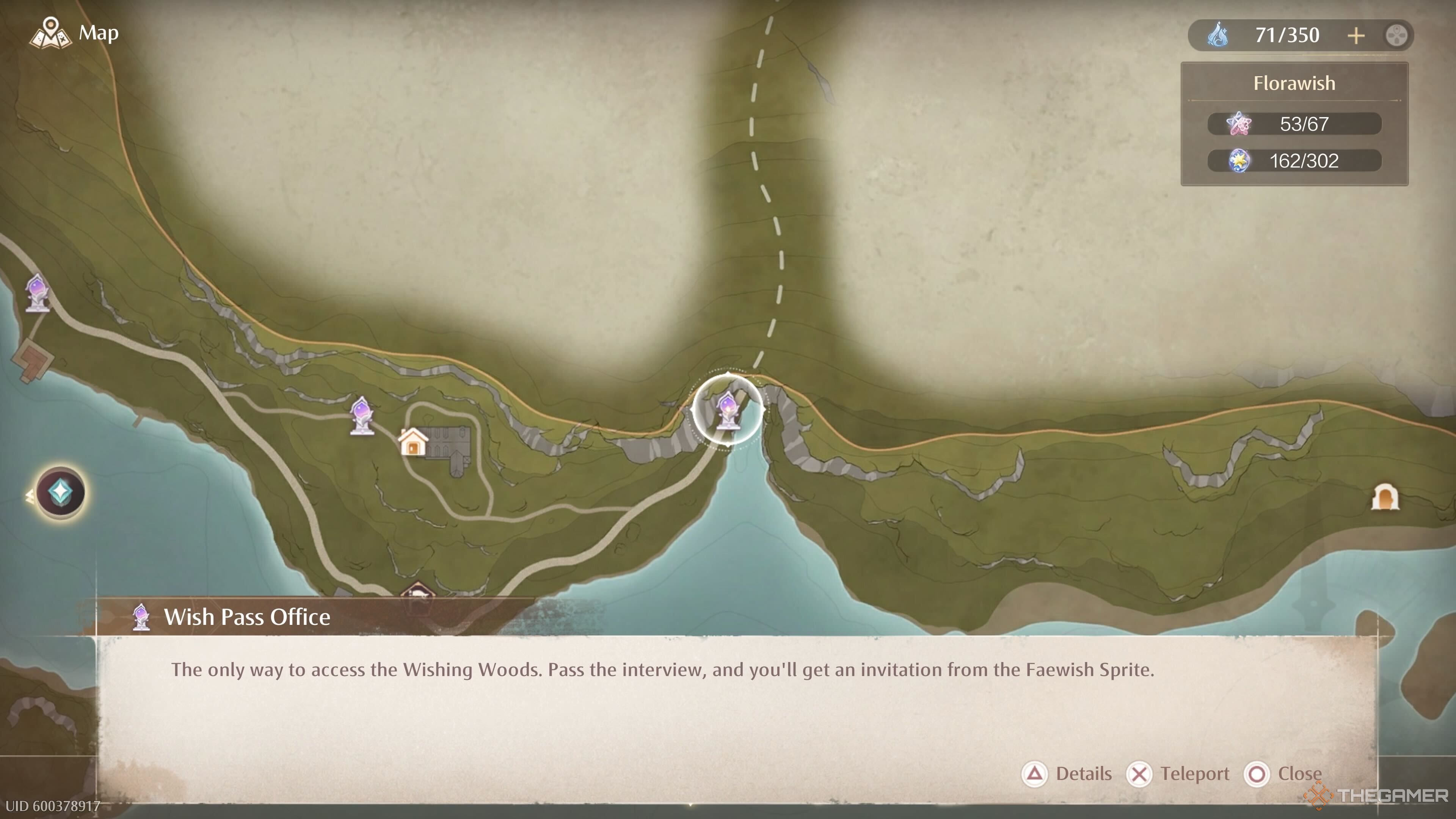 The map location of the Wish Pass Office Warp Spire in Infinity Nikki.