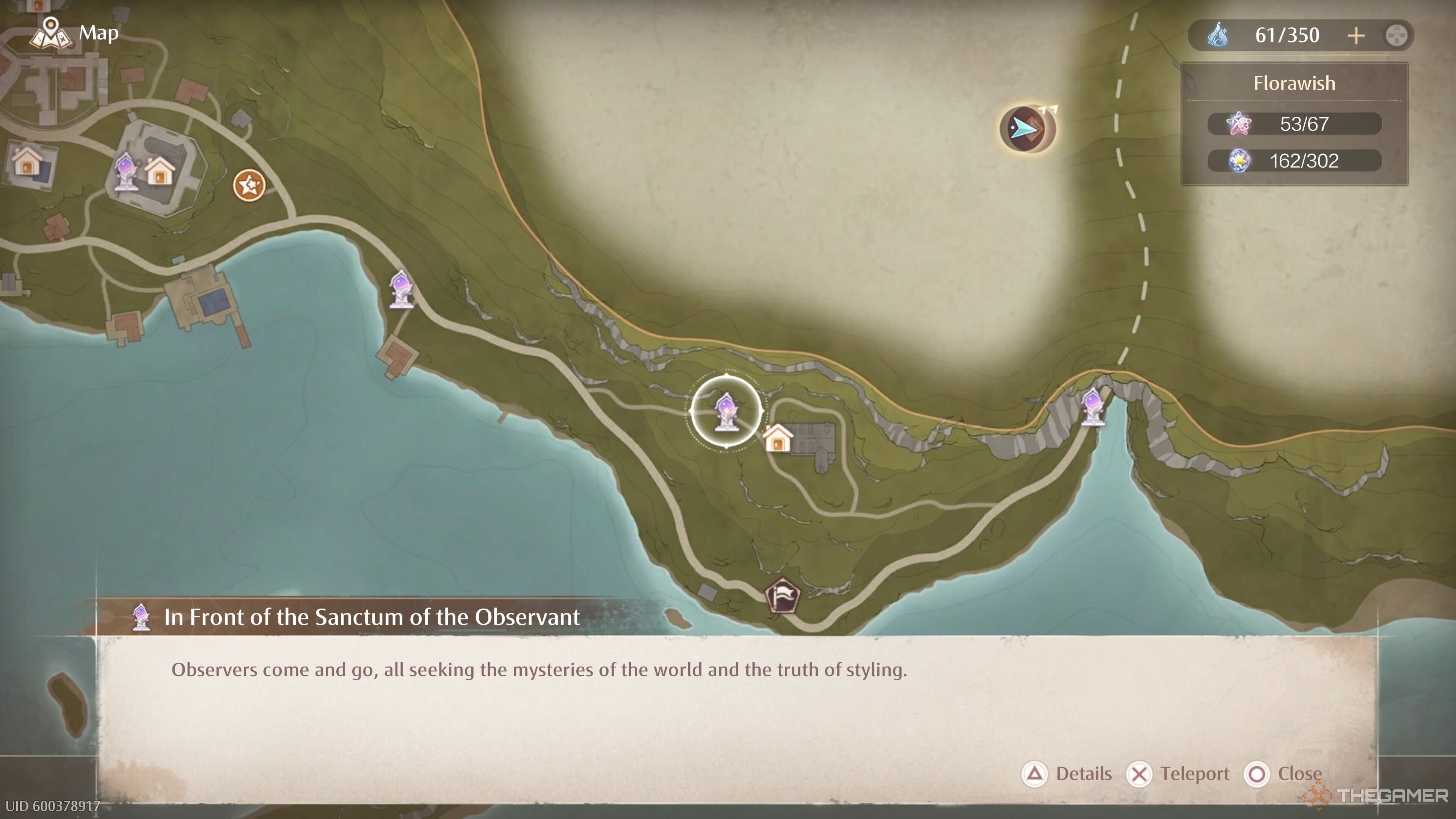 The map location of the Sanctum of the Observant Warp Spire in Infinity Nikki.